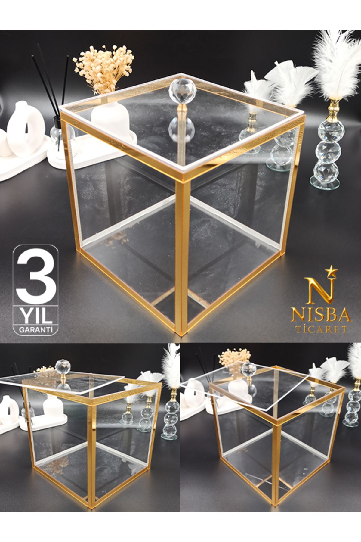 Nisba Ticaret Gold Çerçeveli Lüks Pleksi Kutu | Söz, Nişan, Çeyiz, Gelin Damat Bohçası, Sunum Kutusu