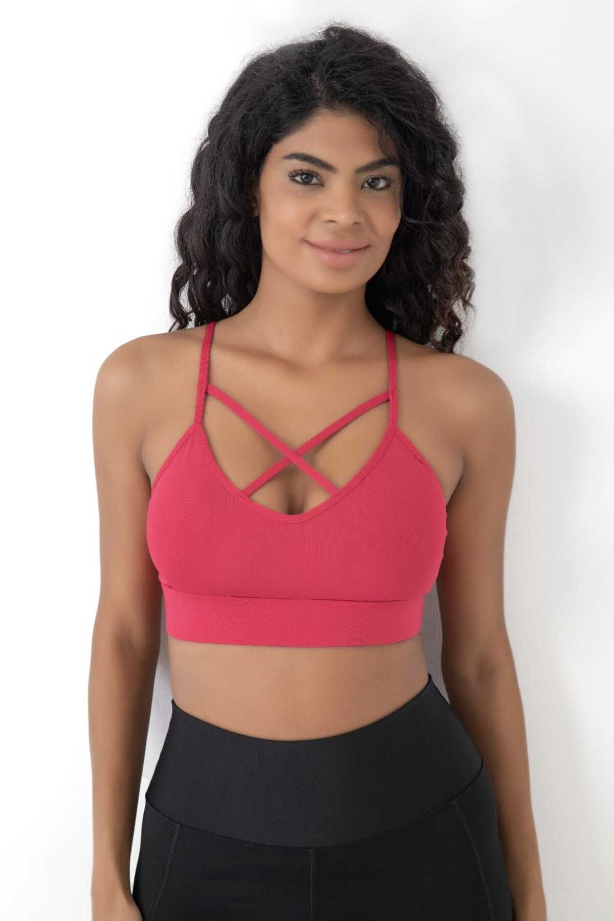 bazaar-turkey all you need Önü Çapraz Detaylı Spor Crop Büstiyer 5800 Neon Mercan