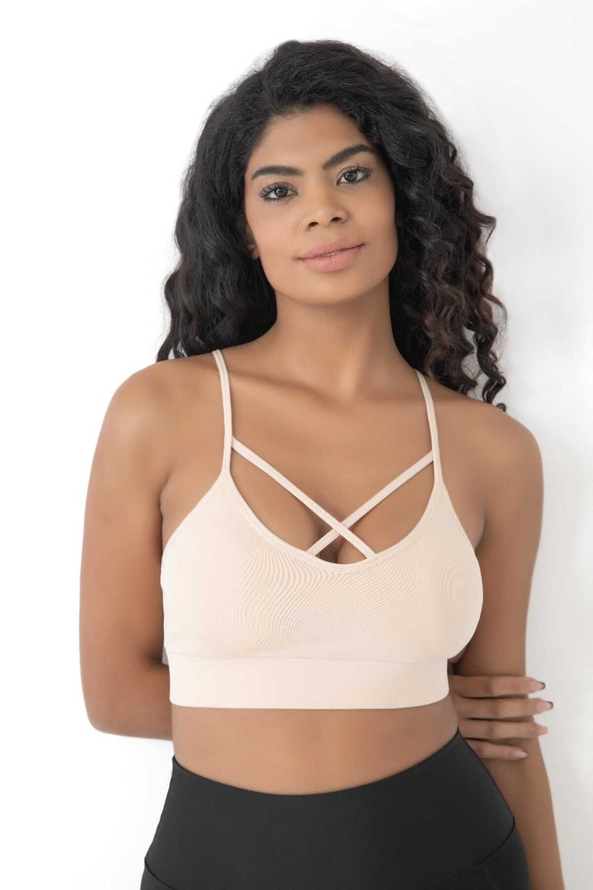 inkasole Önü Çapraz Detaylı Spor Crop Büstiyer 5800 Ten