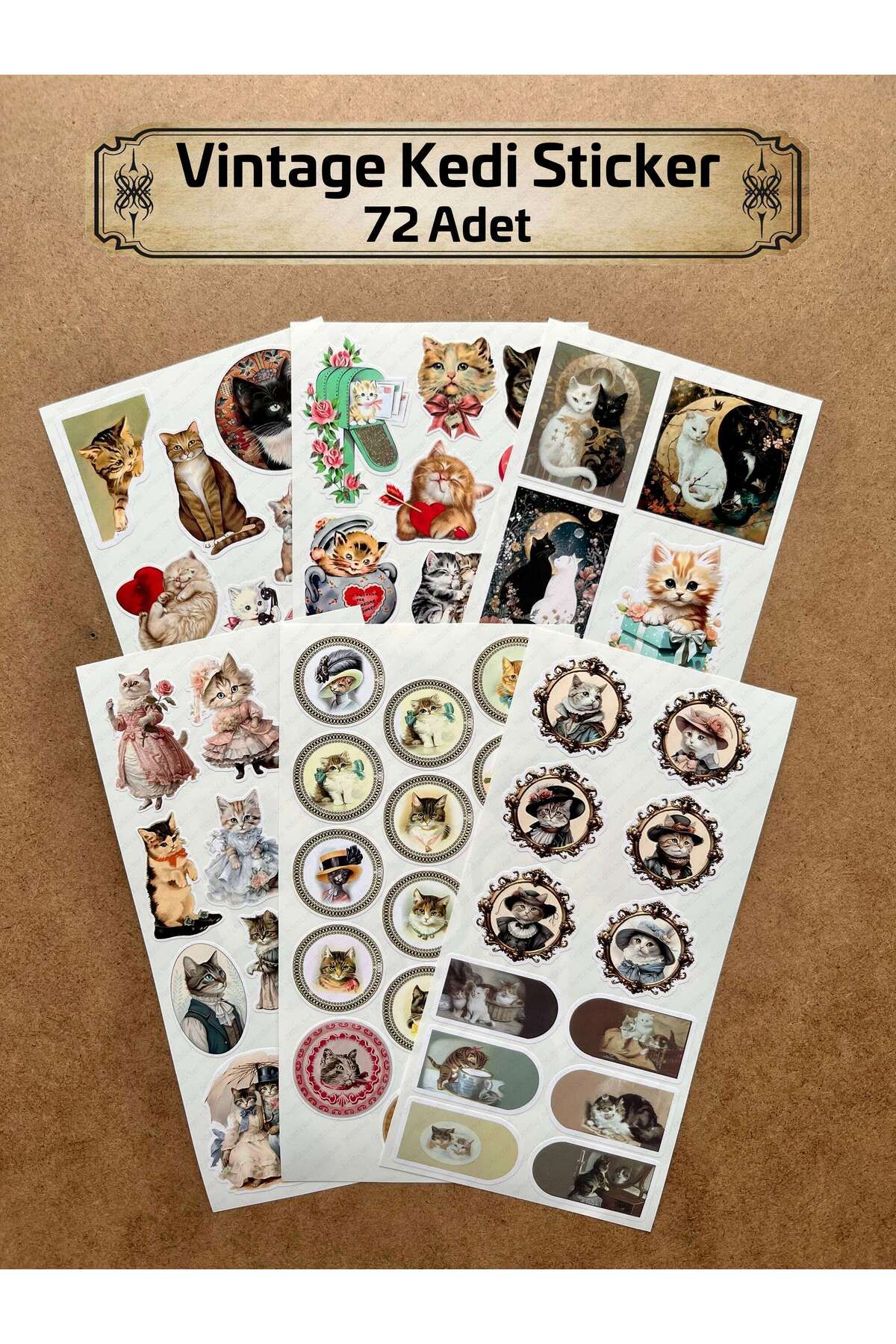 hdsticker 72 Adet Vintage Kedi Sticker - Ajanda, Bullet Journal, Telefon, Laptop, Defter, Retro, Dekor Etiket