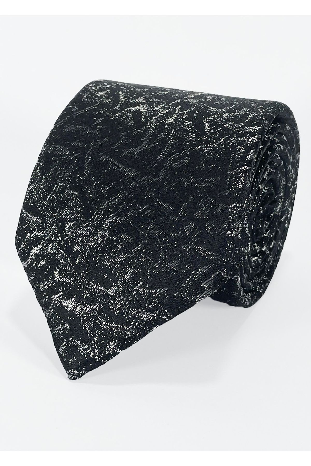 BLC Basic Line Co. Siyah Zemin Üzeri Gri Kırçıl Desenli Mikrofiber Kravat ve Mendil Seti- 7 cm Modern Kesim