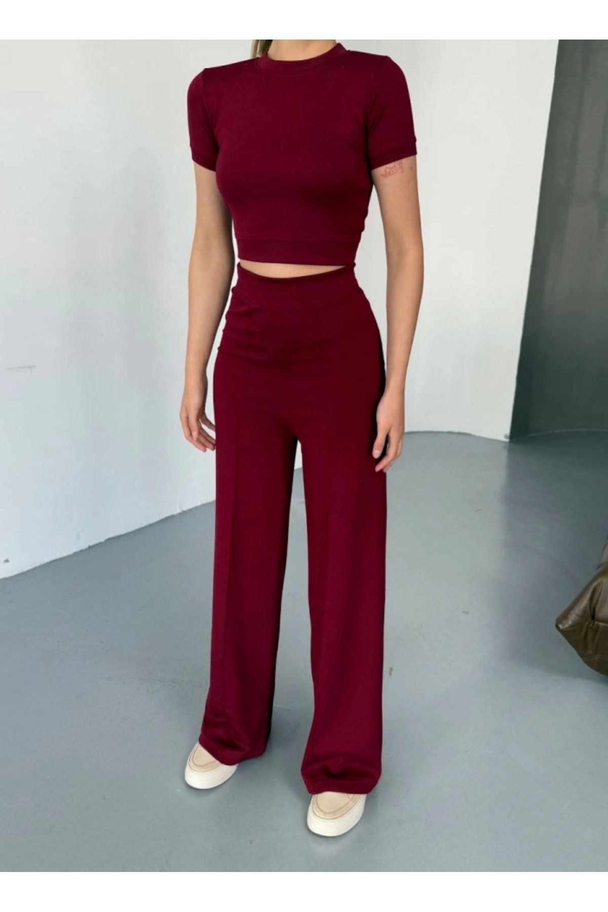 Albayrak Osy Modal Yumuşak Dokulu Kumaş Kısa Kollu Crop Rahat Pantalon Ikili Takım - Bordo