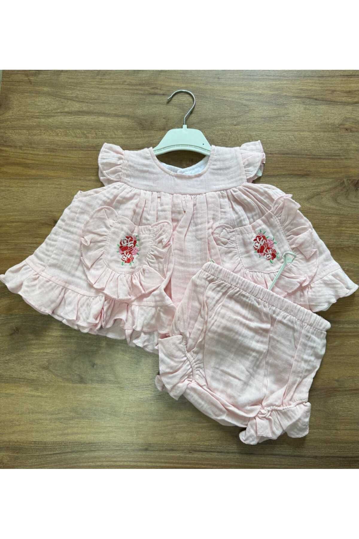adeniko MÜSLİN KIZ BEBEK KISA KOLLU PAMUK PEMBE NAKIŞ DETAYLI İKİLİ TAKIM