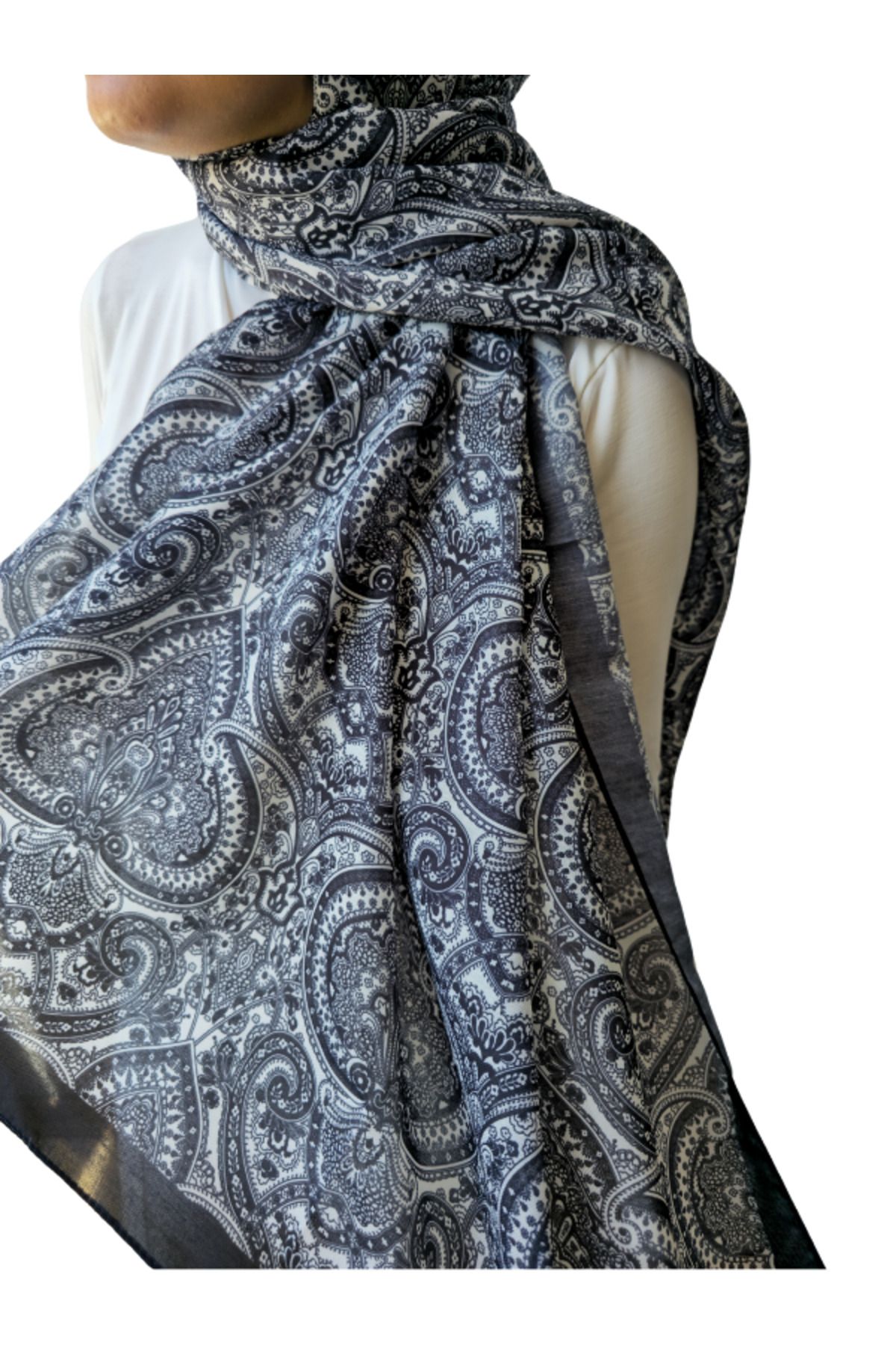 Umenstore Etnik Desen Soft Pamuk Siyah Şal