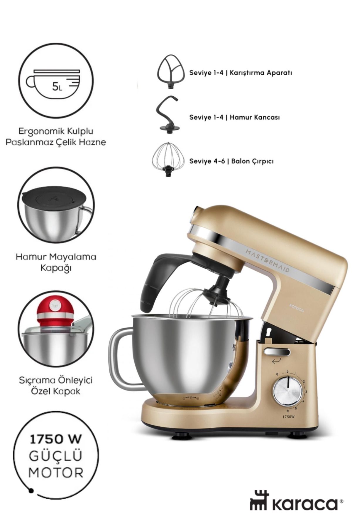 Çift Kollu Chef Pro Hamur Yoğurma , Karıştırma, Çırpma Stand Mikser & Mutfak Şefi 1750w 5 Litre