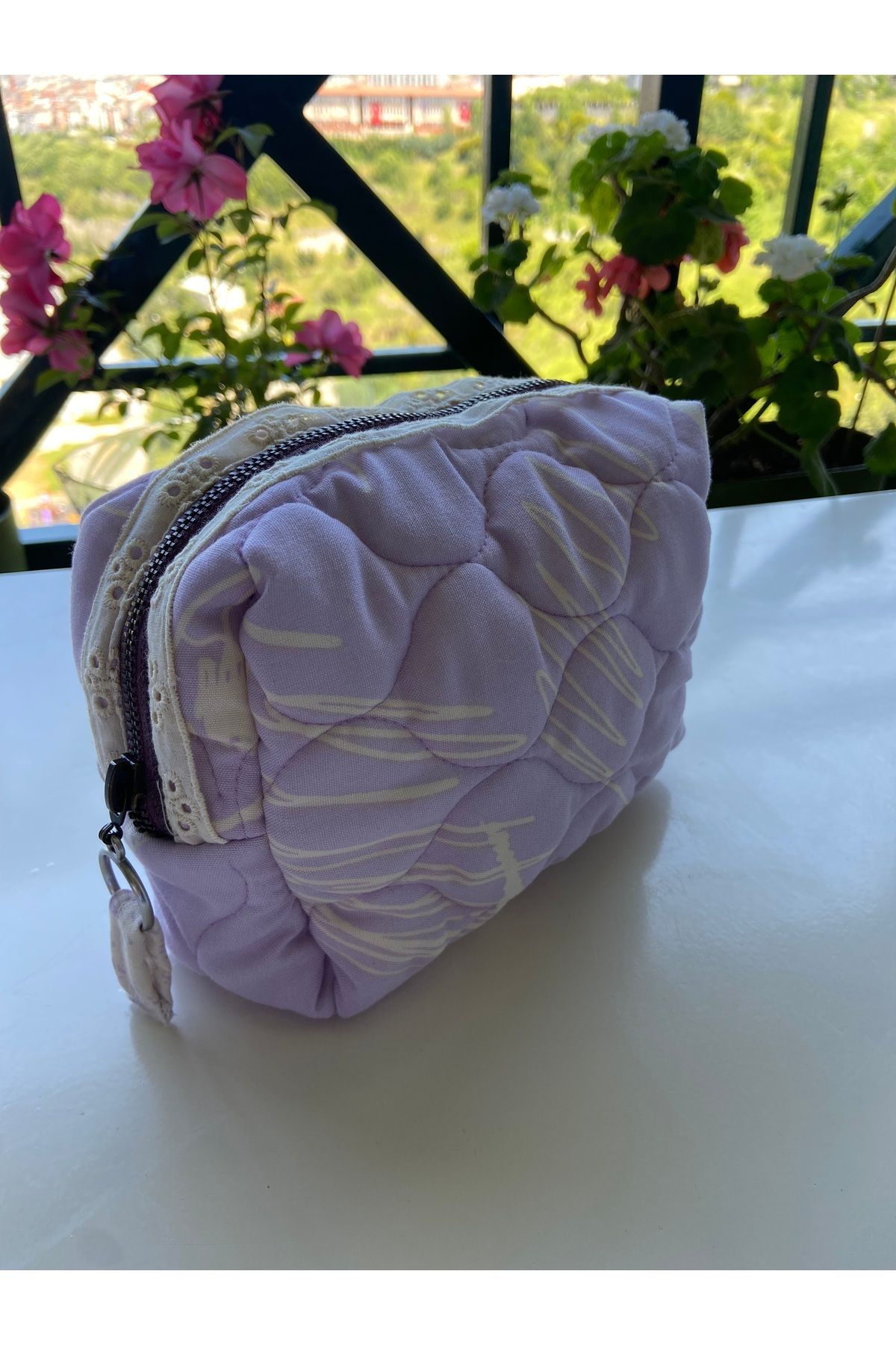 Cream Lila Desenli Mini Makyaj Çantası