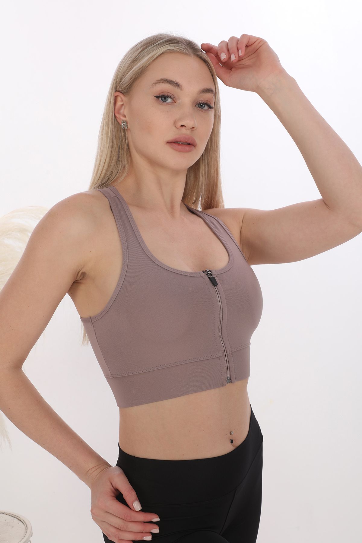 inkasole Önü Fermuarlı Sporcu Crop Büstiyer 5860 Vizon