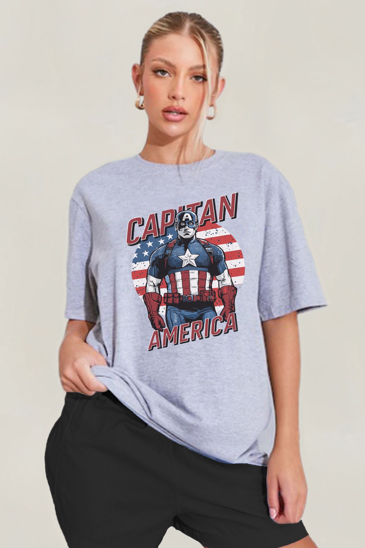 MODA Captain America Marvel Kaptan Amerika Baskılı Oversize Kalıp Grimelanj Geniş Bol Kesim Kadın Tişört