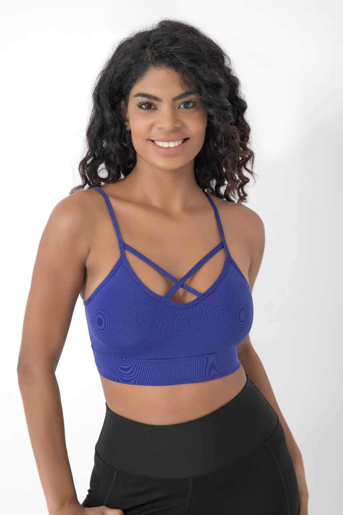 inkasole Önü Çapraz Detaylı Spor Crop Büstiyer 5800 Sax Mavisi