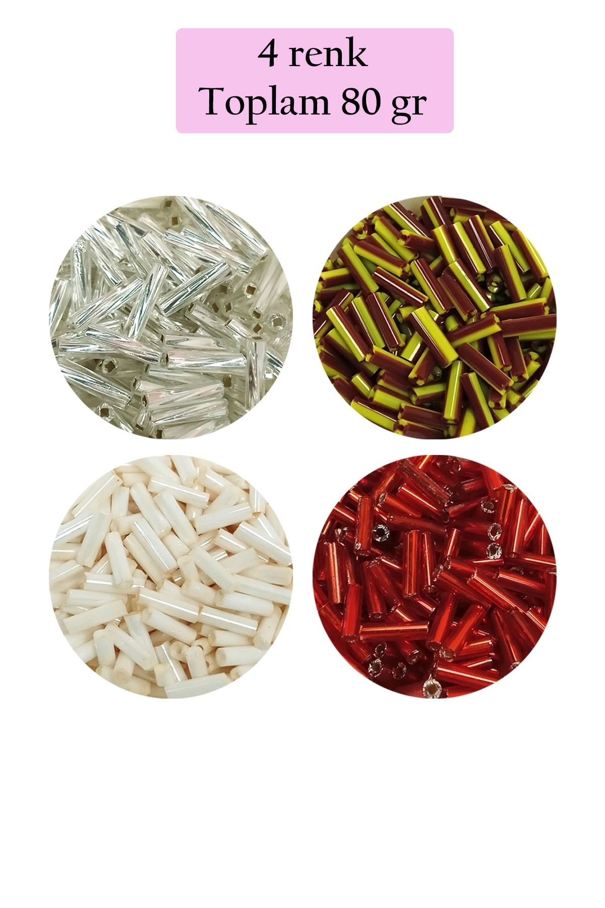 PRATİKOBA Uzun Boru Kesme Boncuk Çap 2mm Uzunluk 10 mm - 4 Renk - Toplam 80 Gram - BNC434