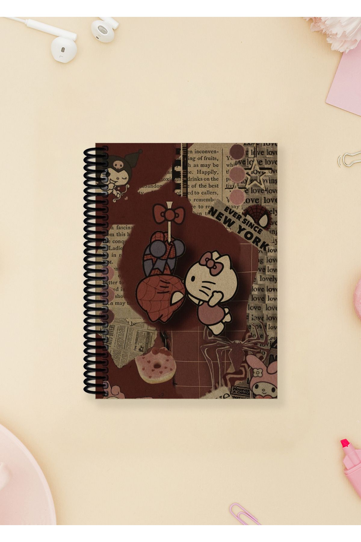 Ludios Hello Spider Love Spiralli A6 Çizgisiz Kraft Kapaklı Not Defteri (100 Sayfa)