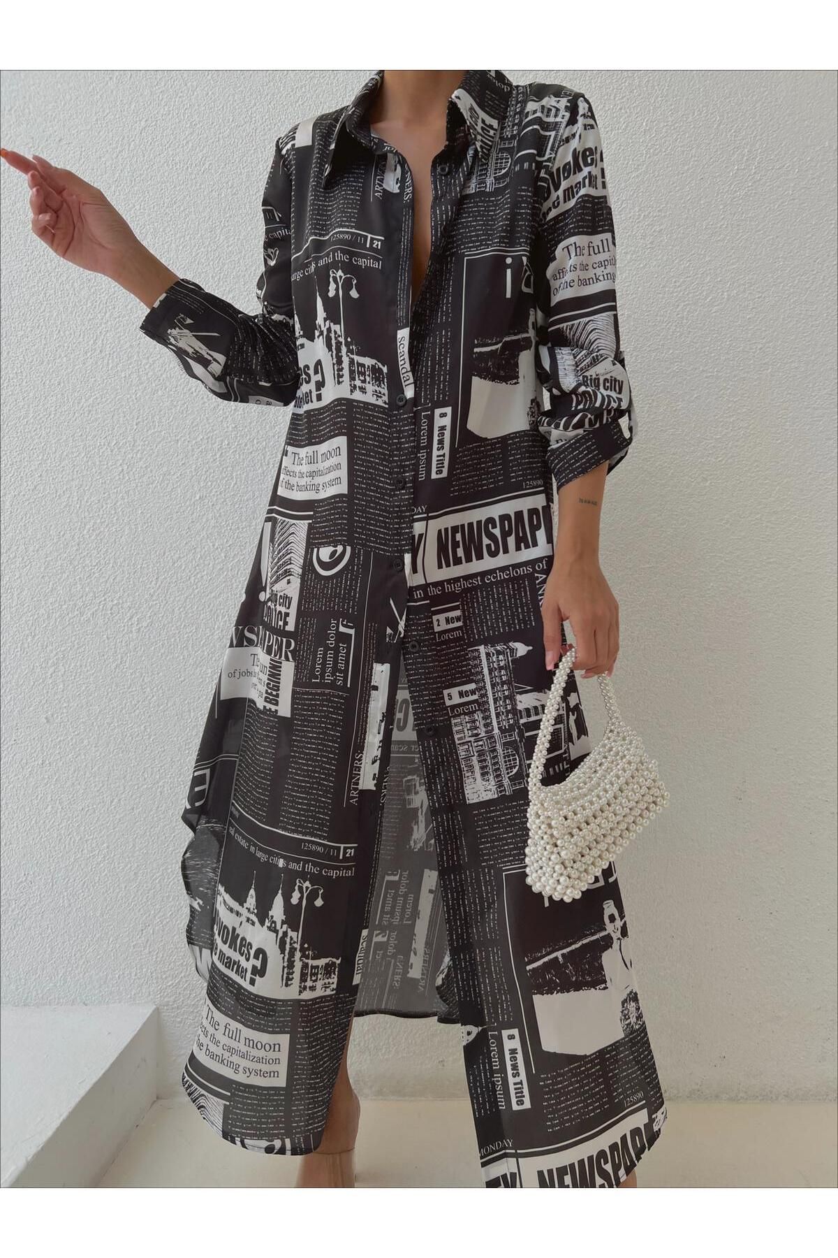 mass fashion Kadın Saten Şifon Desenli Gömlek Elbise