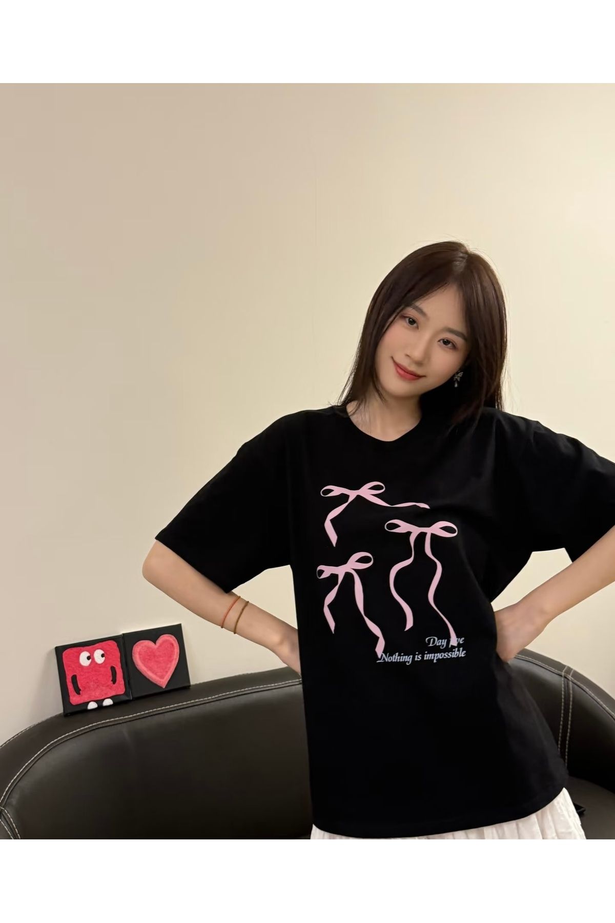 Minga London Siyah Pink Cute Ribbon Baskılı Oversize Tshirt -Minga London