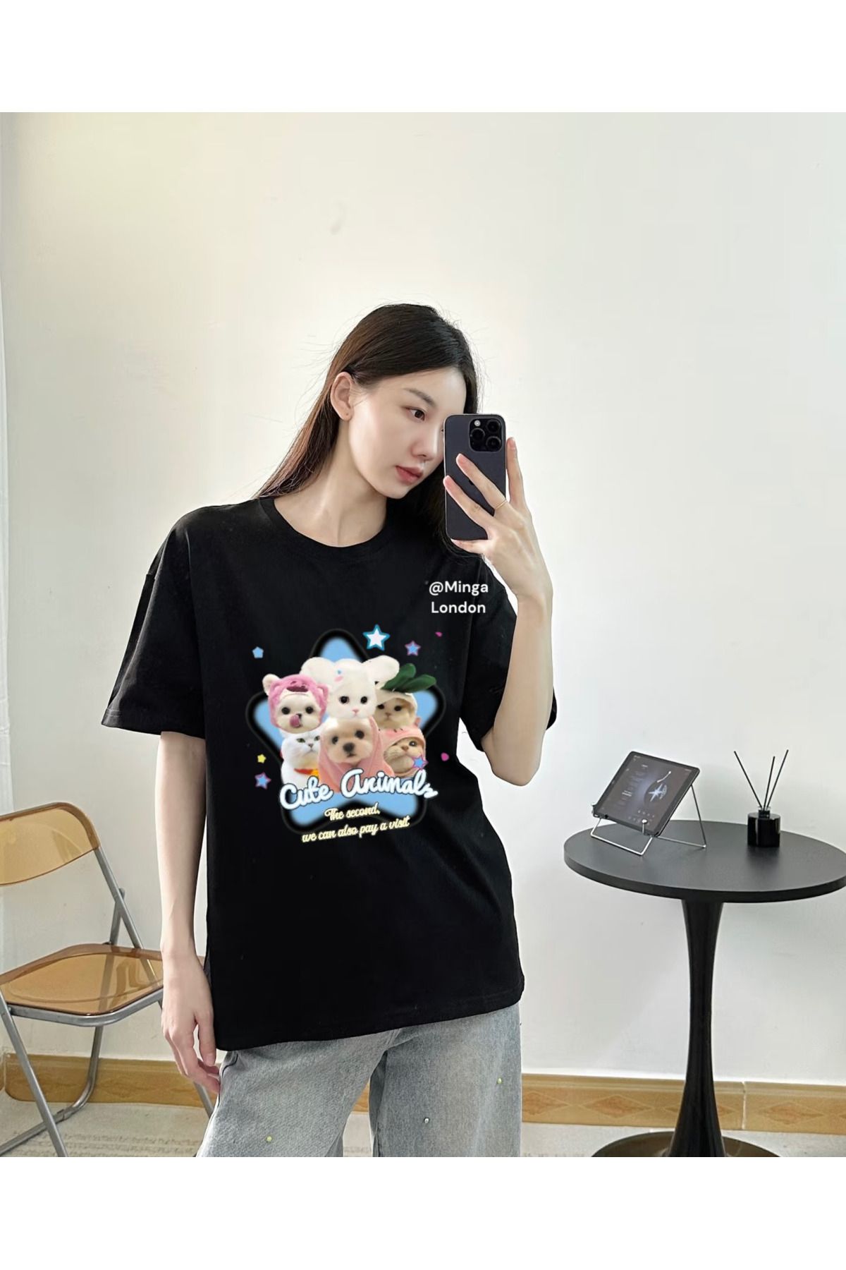 Minga London Siyah Cute Animals Star Baskılı Oversize Tshirt -Minga London