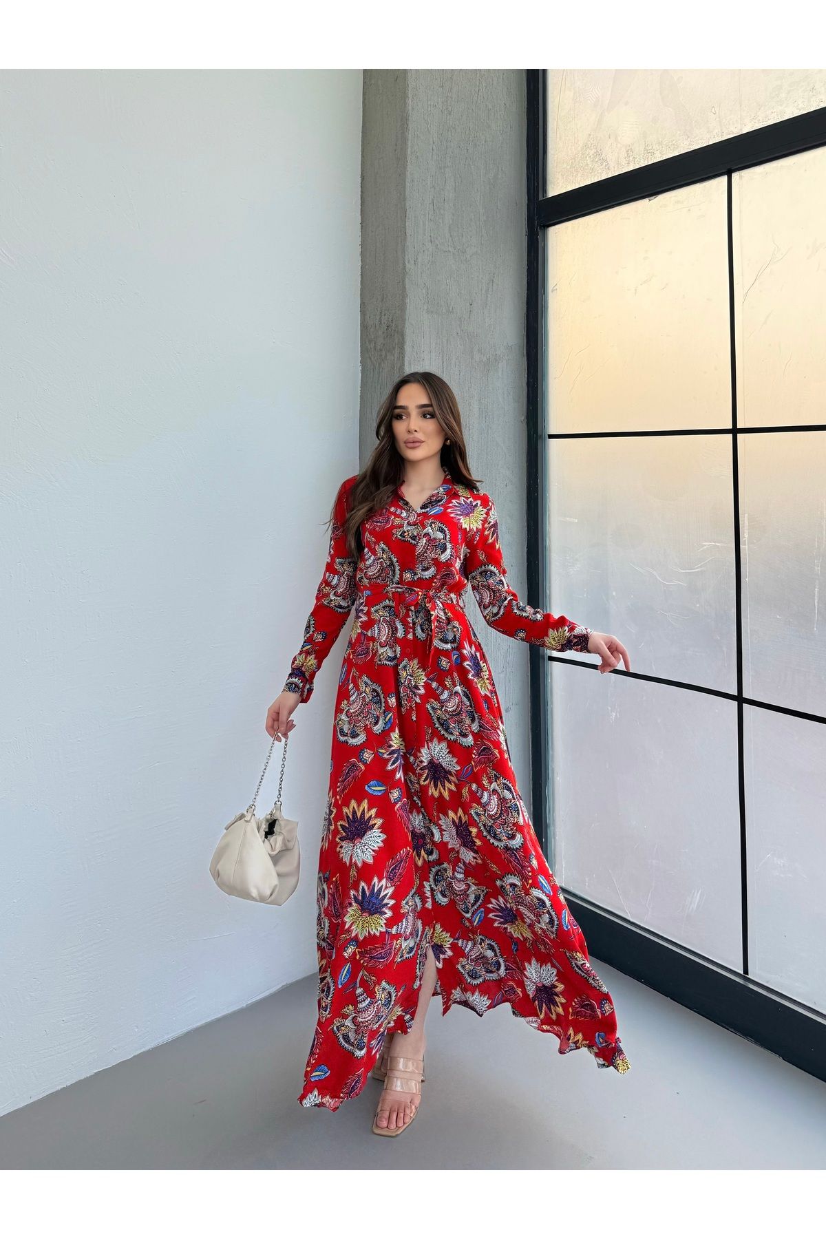 Anna Moda Kırmızı Zambak Desen Gömlek Elbise