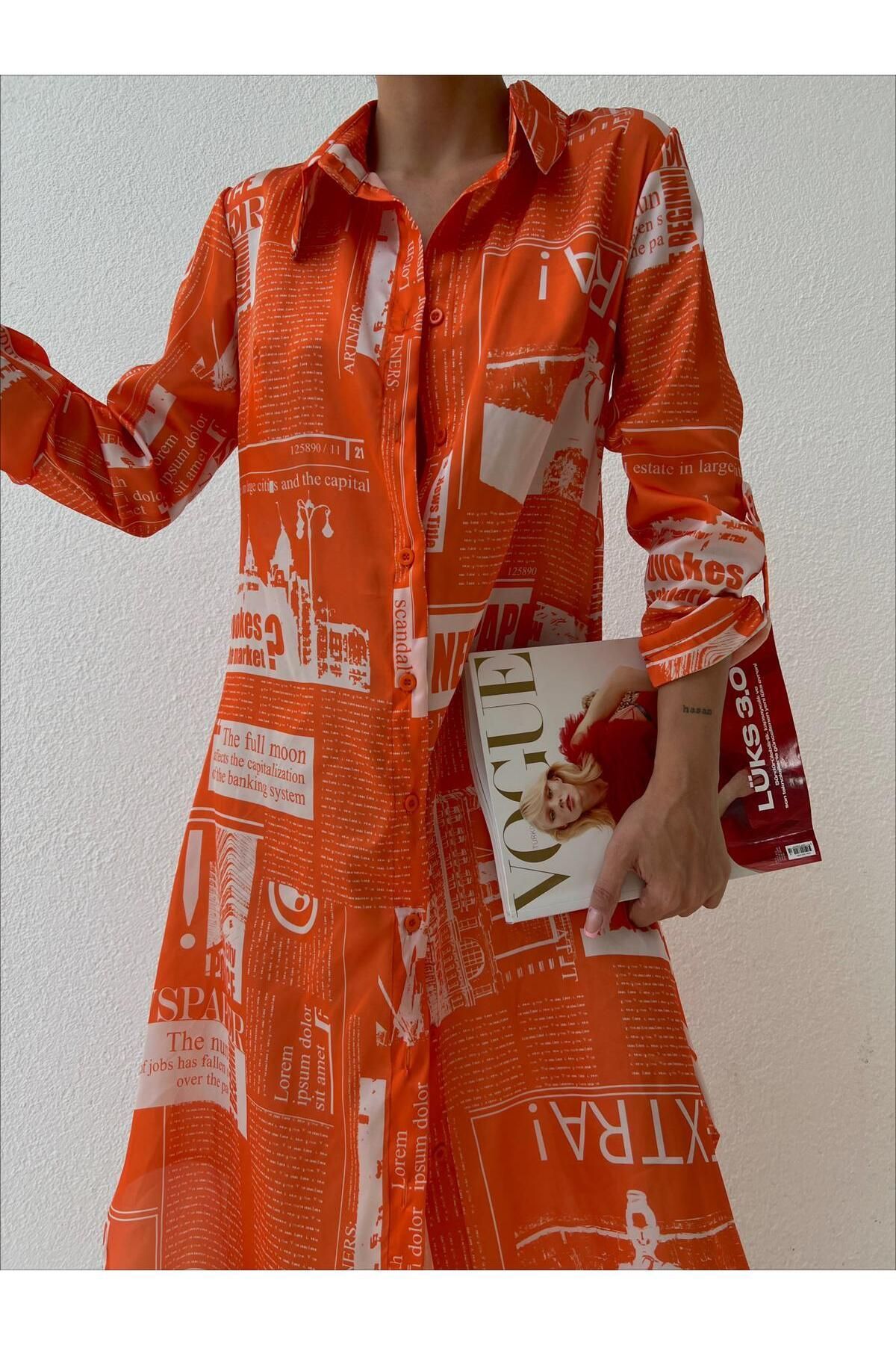 mass fashion Kadın Saten Şifon Desenli Gömlek Elbise