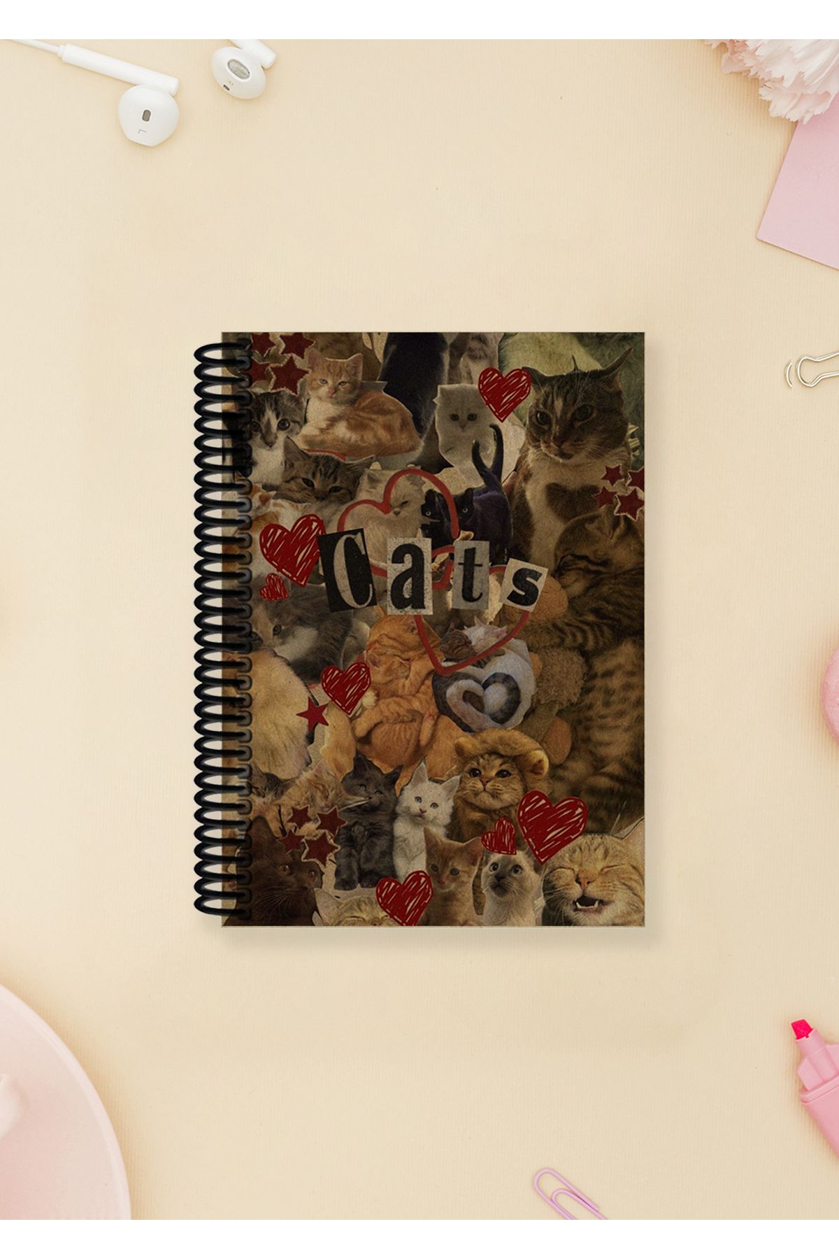 Ludios Cats Kolaj A6 Çizgisiz Kraft Kapaklı Not Defteri (100 Sayfa)