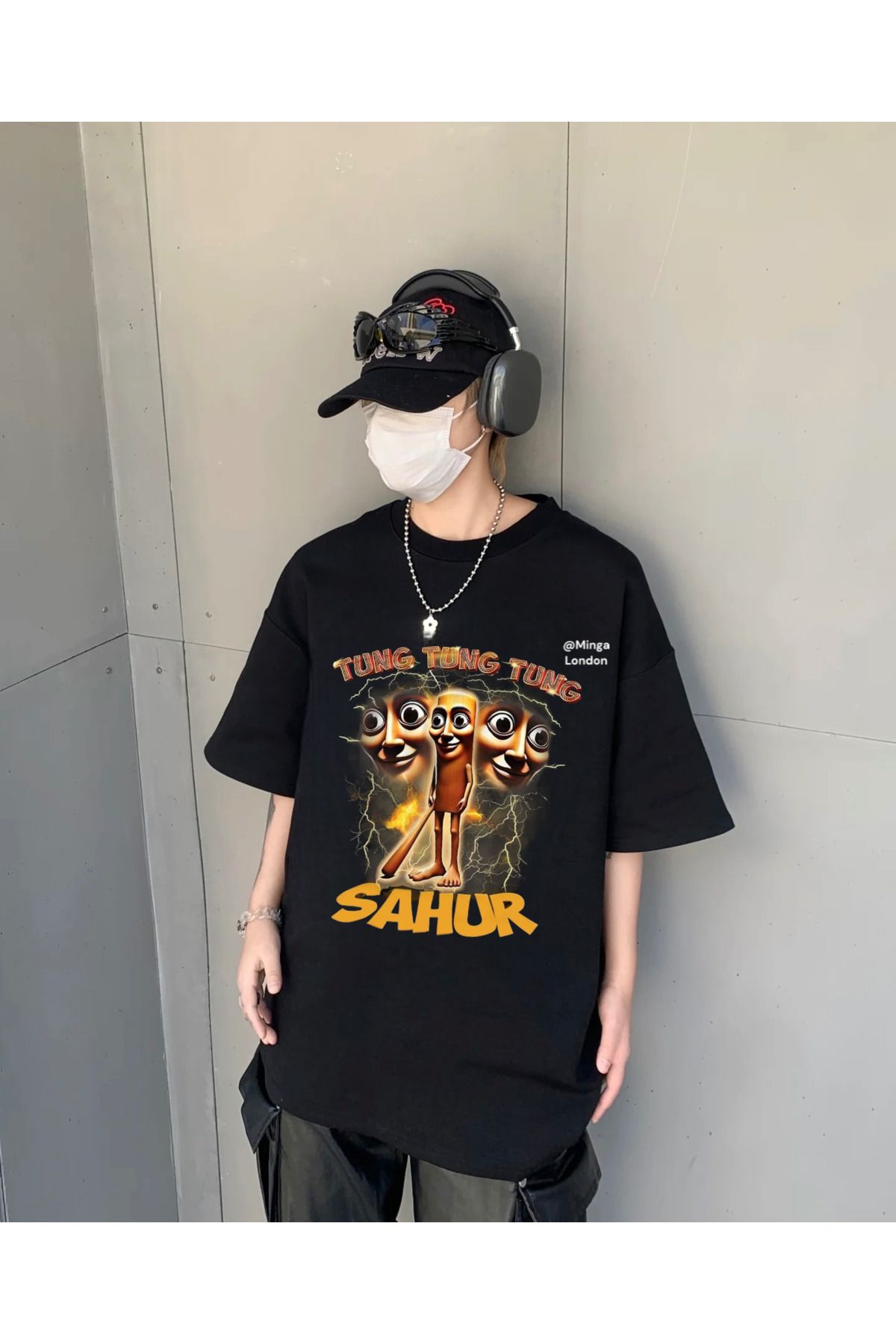 Minga London Siyah Tung Tung Sahur Baskılı Oversize Tshirt -Minga London