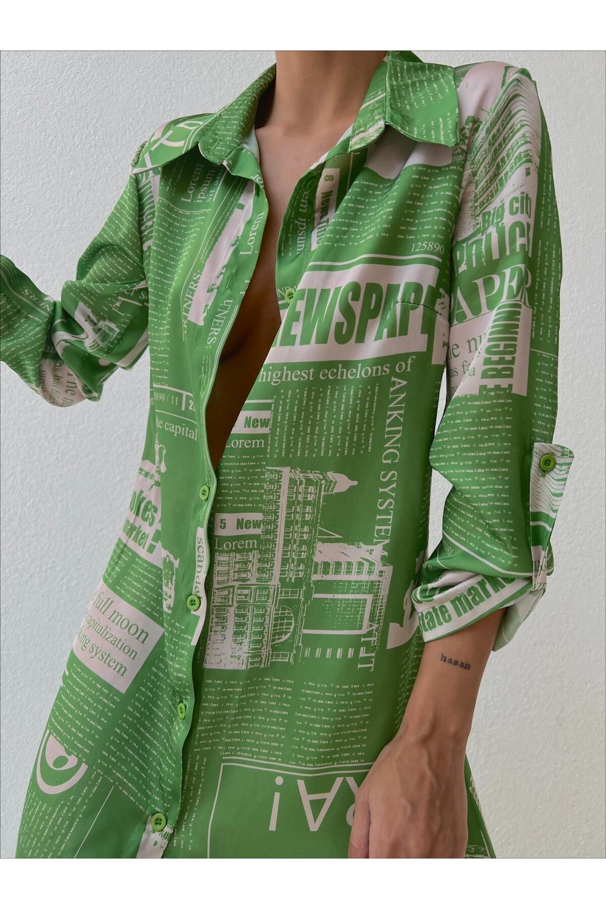 mass fashion Kadın Saten Şifon Desenli Gömlek Elbise