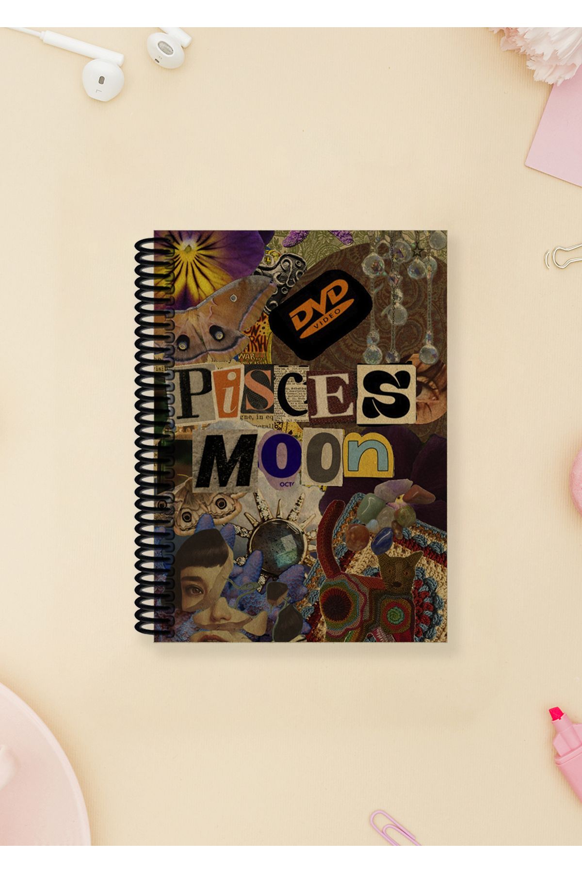 Ludios Pisces Moon Kolaj A6 Çizgisiz Kraft Kapaklı Not Defteri (100 Sayfa)