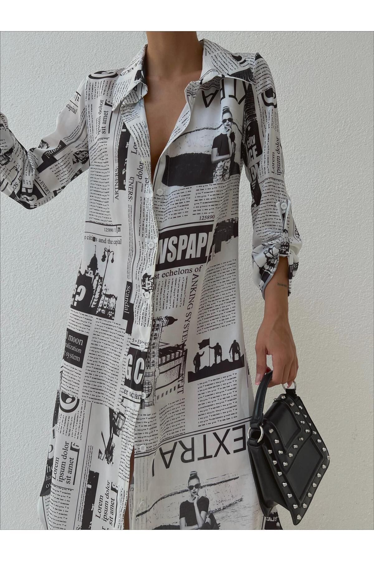 mass fashion Kadın Saten Şifon Desenli Gömlek Elbise