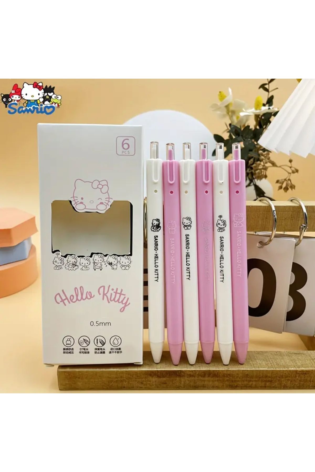SANRIO Takım 6 adet, hello Kitty Sevimli Tükenmez Kalemler, Hızlı Kuruyan 0.5mm İnce Uç, Siyah Mürekkep