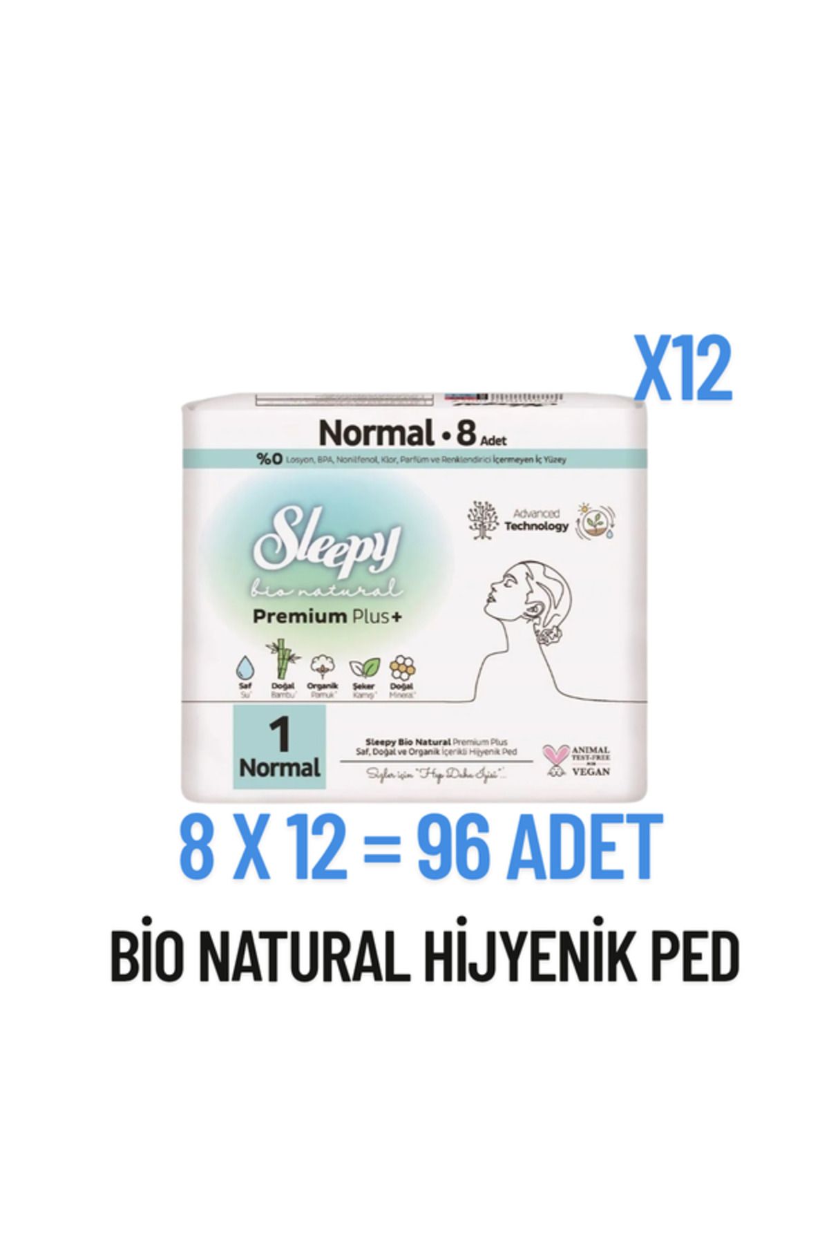 Sleepy Hijyenik Ped Bio Natural Premium Plus 8'li Normal X12 Paket