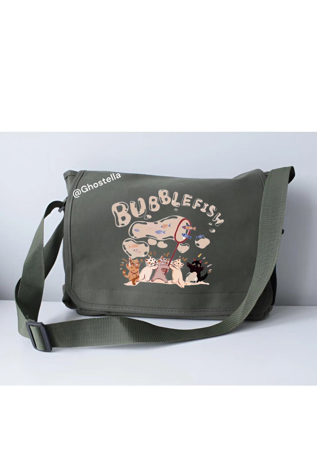 Minga London Haki Bubble Fish Baskılı Okul, Kurs, Dershane Postacı Çantası - Ghostella
