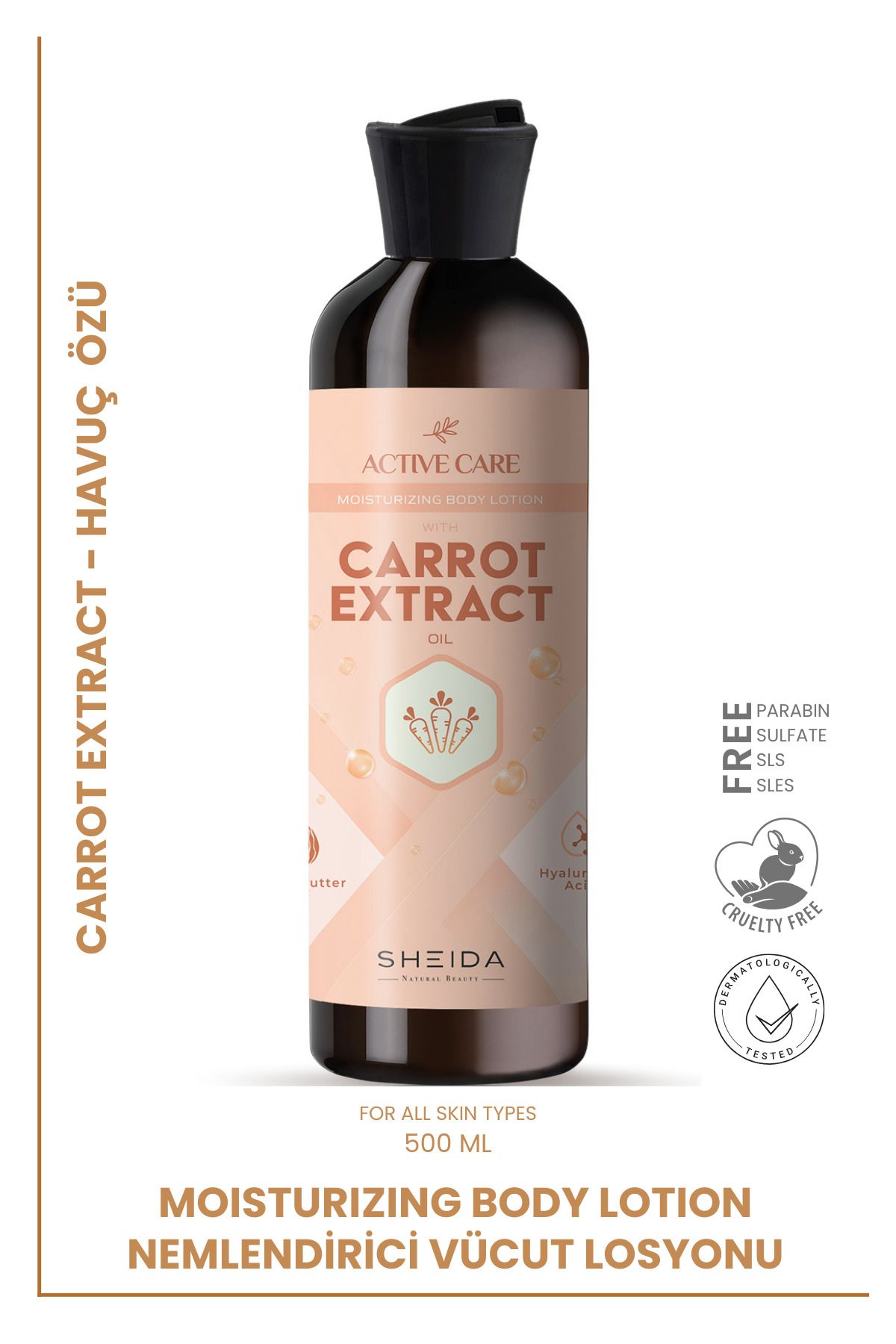 Sheida Active Care Nemlendirici Vücut Losyonu 500 ml – Havuç Özlü & Shea Yağlı