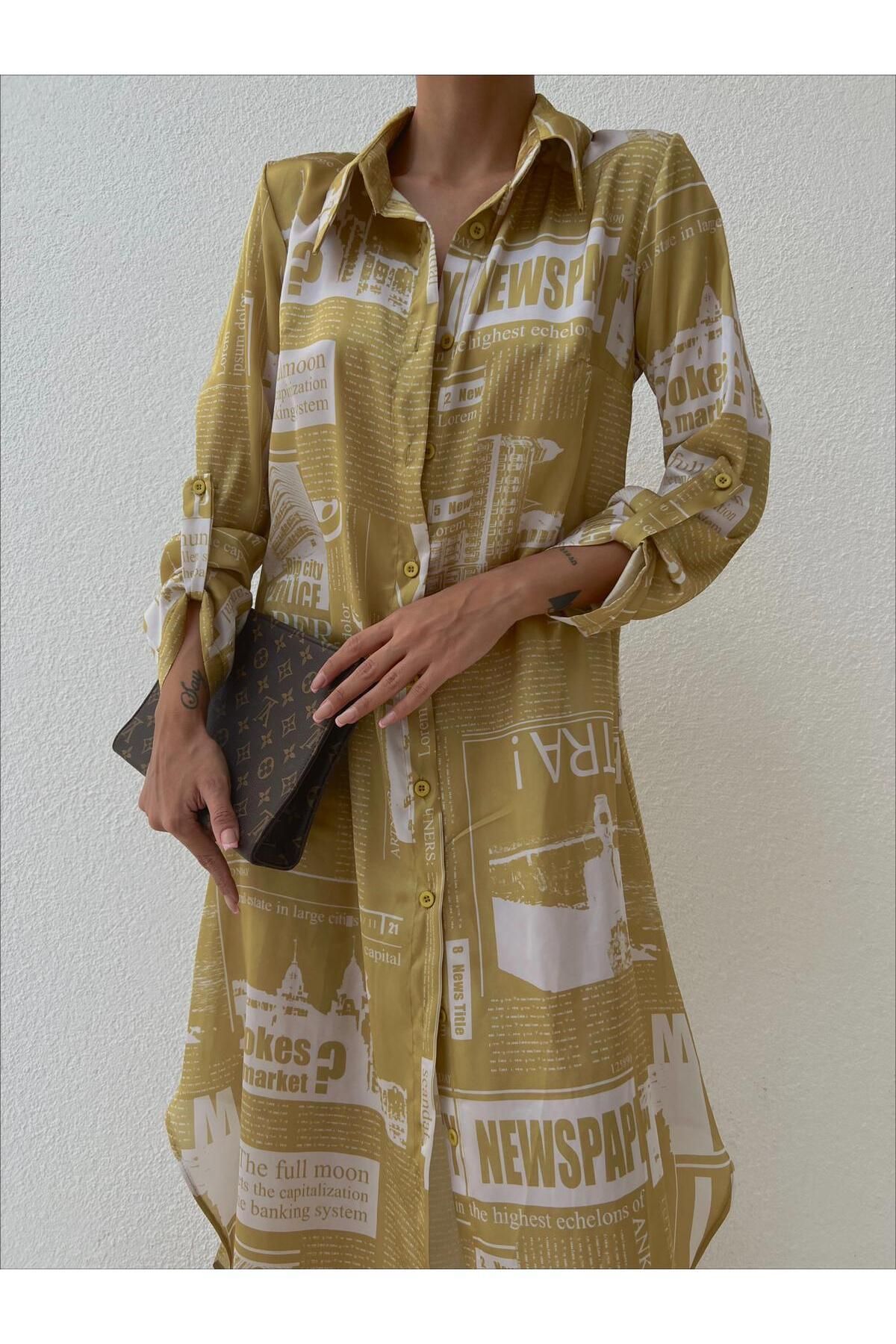 mass fashion Kadın Saten Şifon Desenli Gömlek Elbise