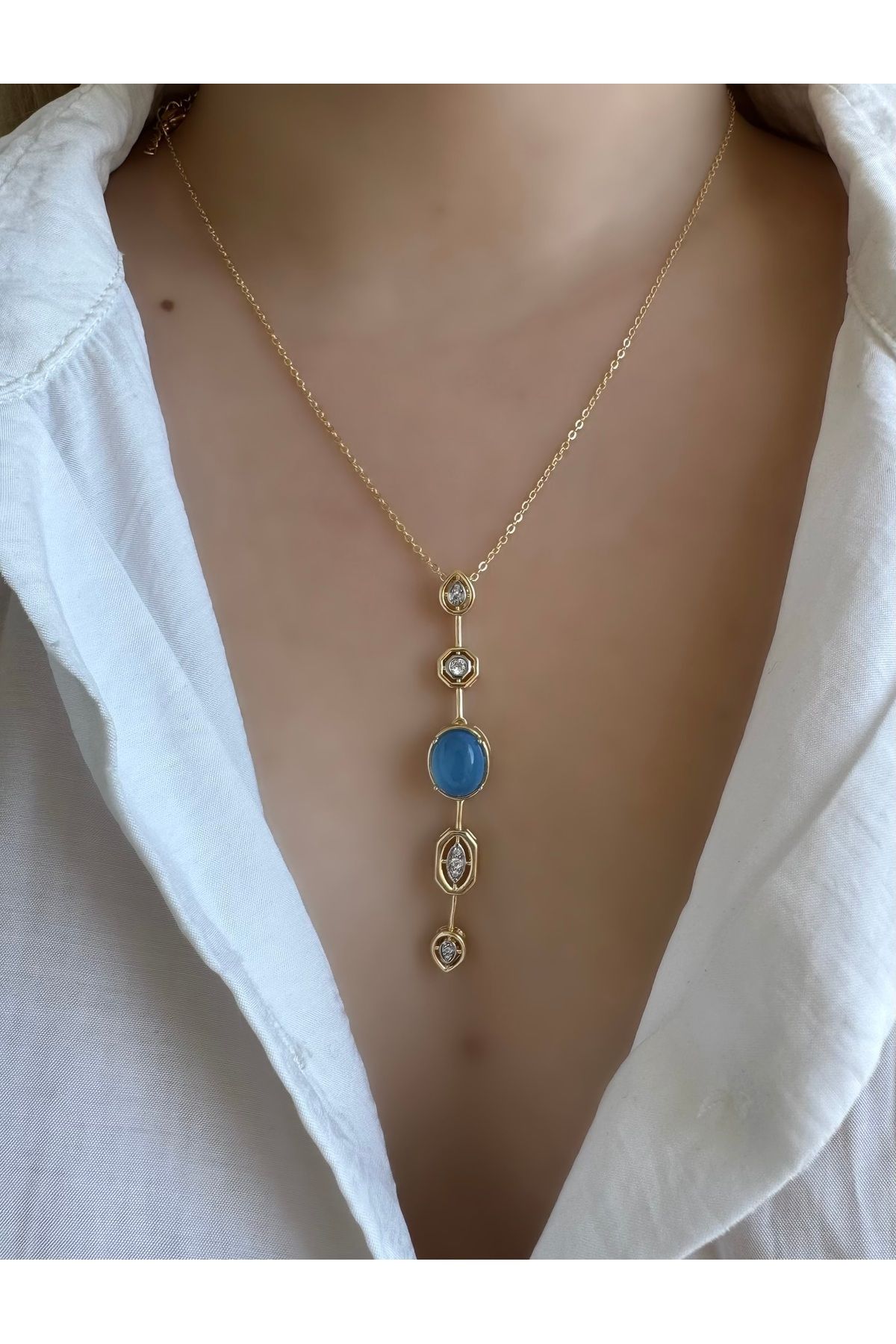 Gilia Jewelry Mavi Renkli Taşlı Özel Y Tasarım Kolye