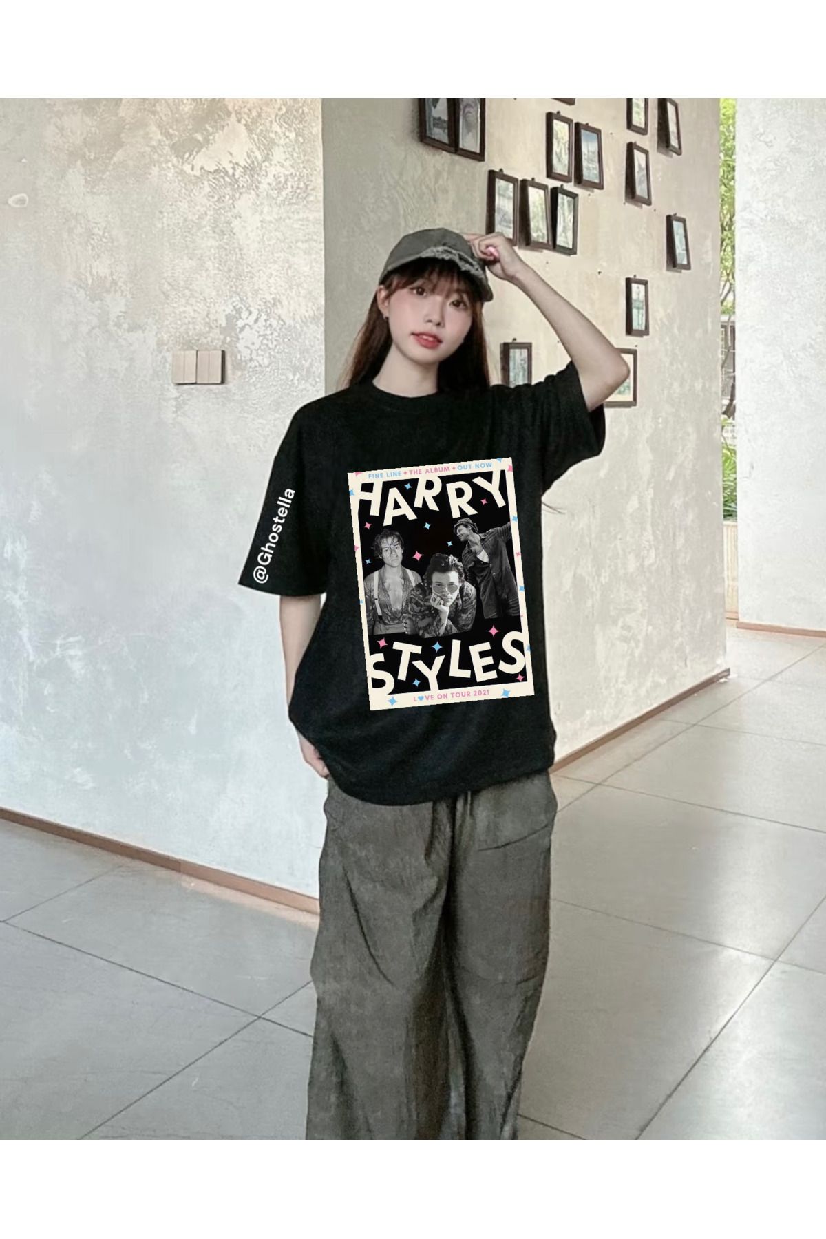 Minga London Siyah Harry Styles Baskılı Oversize Unisex Tshirt -Ghostella