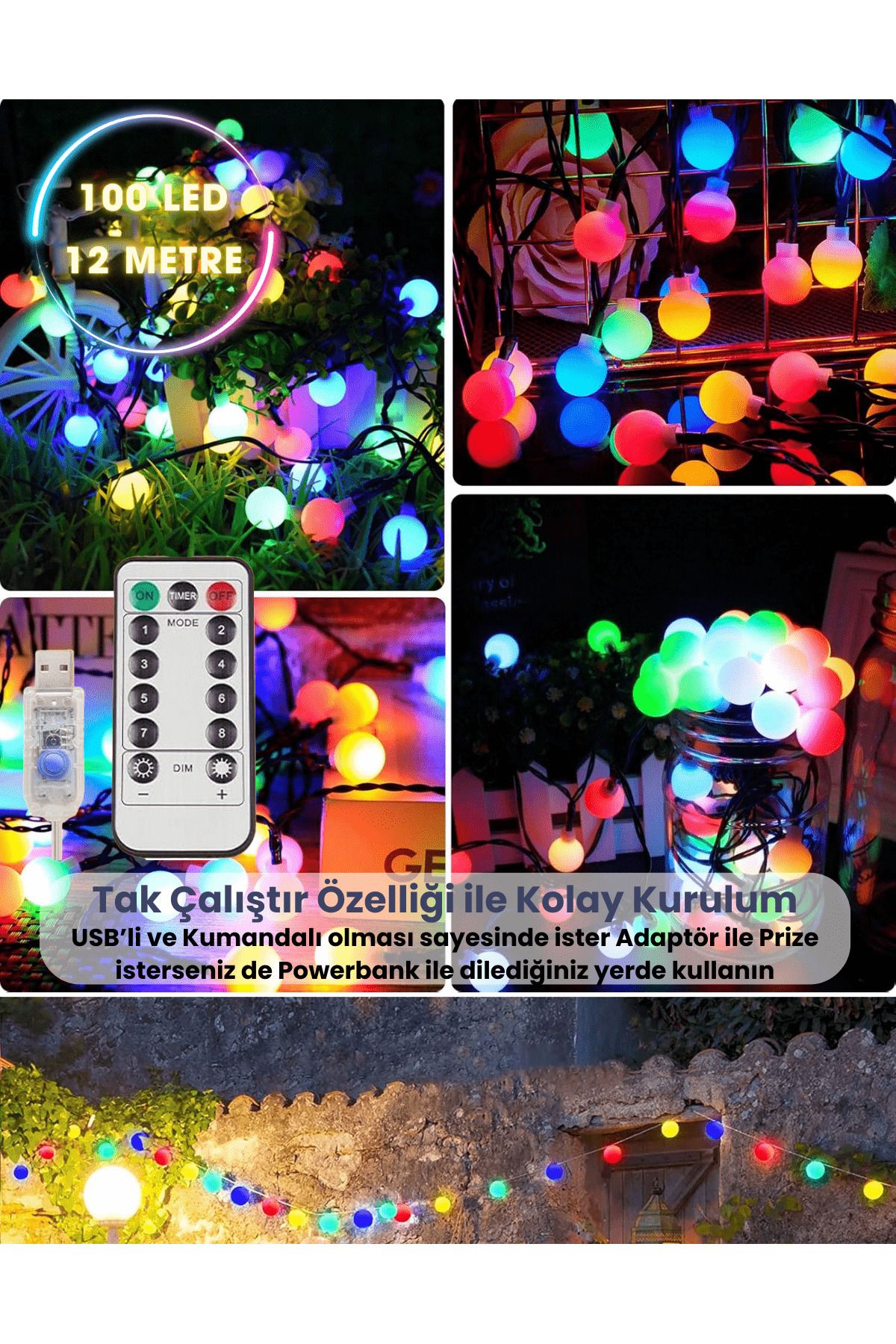 Vendyl 100 LED’li 12 Metre USB Kumandalı RGB Top Işık – 8 Modlu Şerit LED Parti ve Dekoratif Aydınlatma