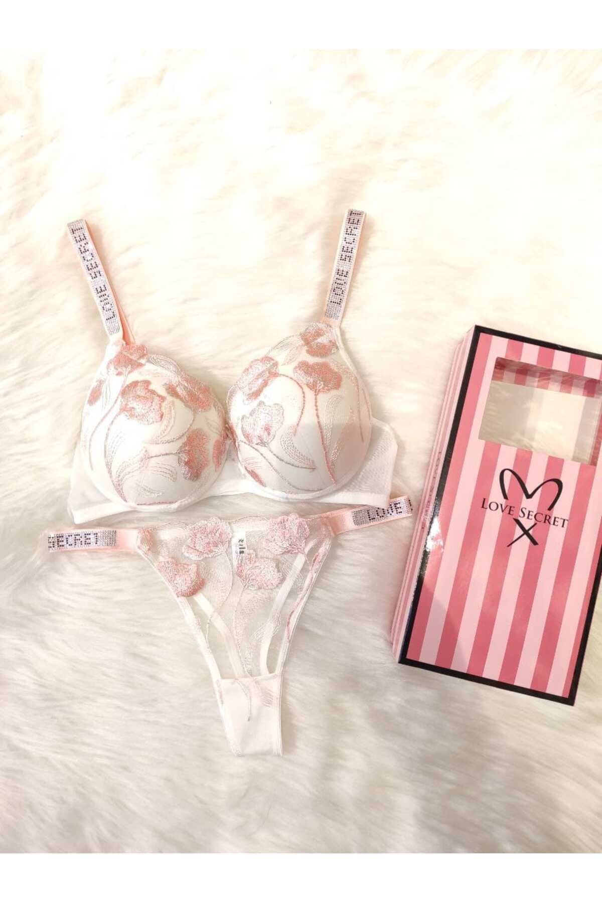 GMDPstore Taşlı Gül Kurusu Nakışlı Dolgulu B Kap Brode Sütyen-Külot Takımı