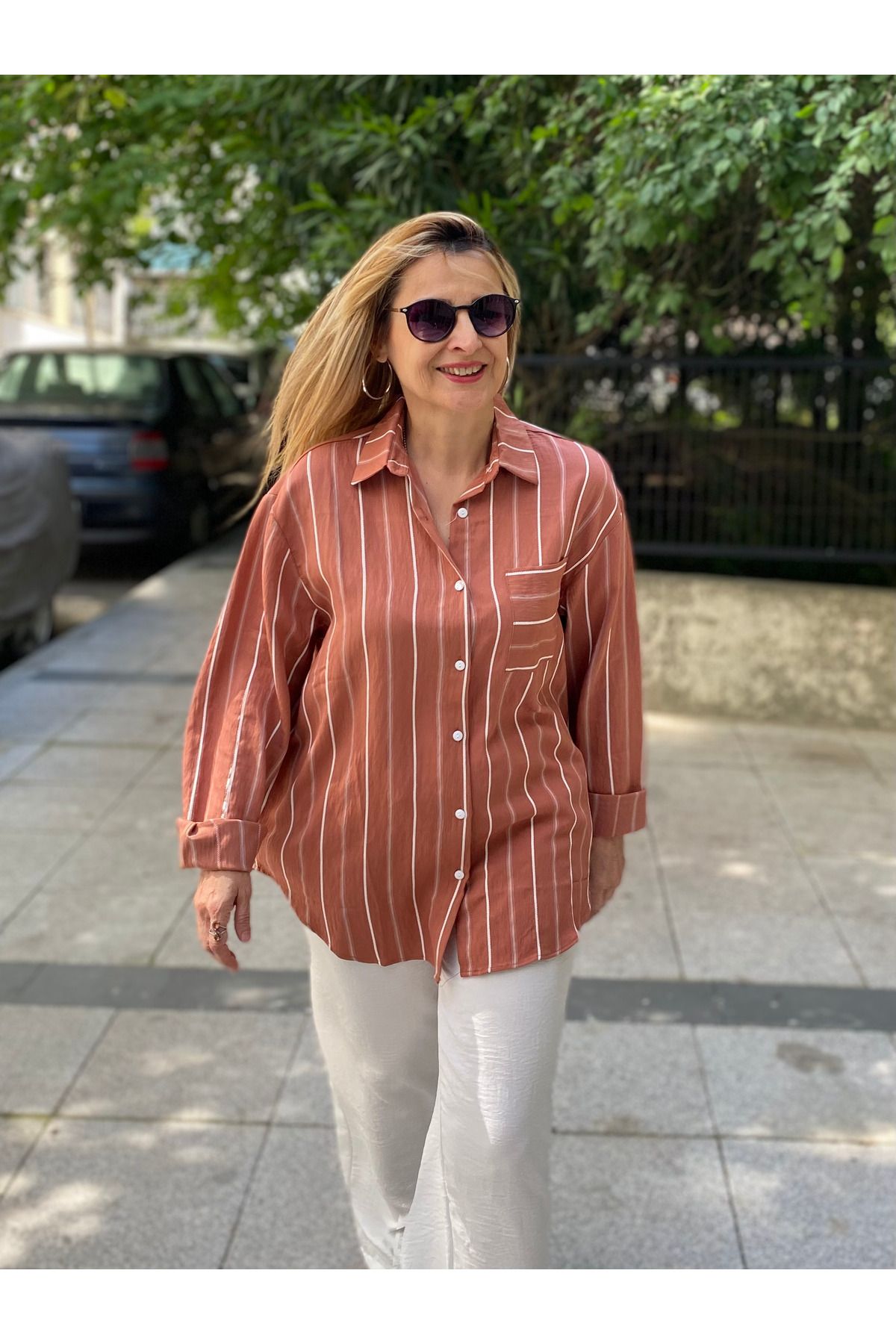 MAABMODA Kadın TARÇIN Beyaz Çizgili Gömlek
