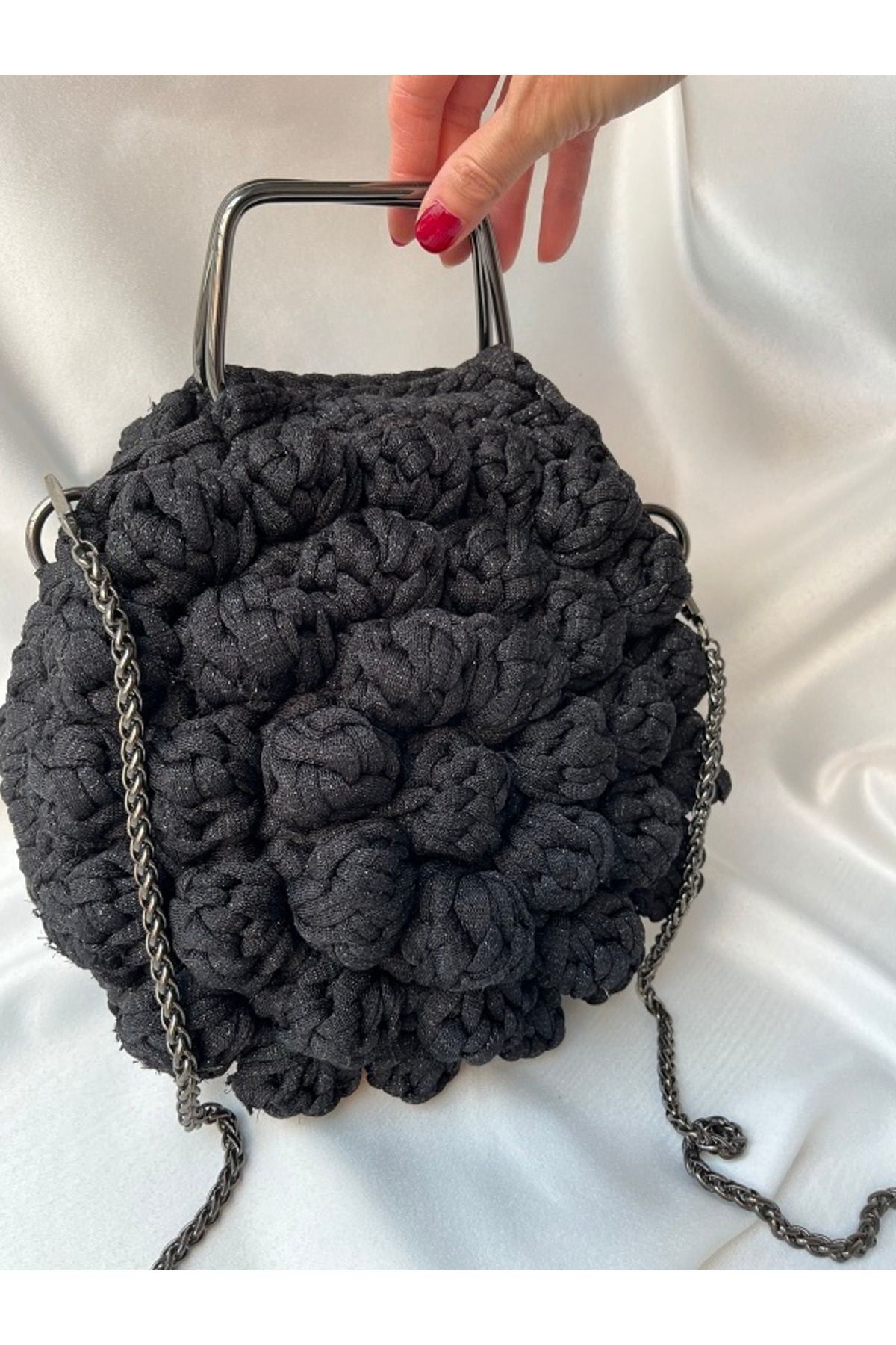 MSS ATALIER Kadın SİYAH metalik ip örme Kroşe Clutch Portföy, El-omuz Çantası,MOON çanta ,düğün,party,mezuniyet