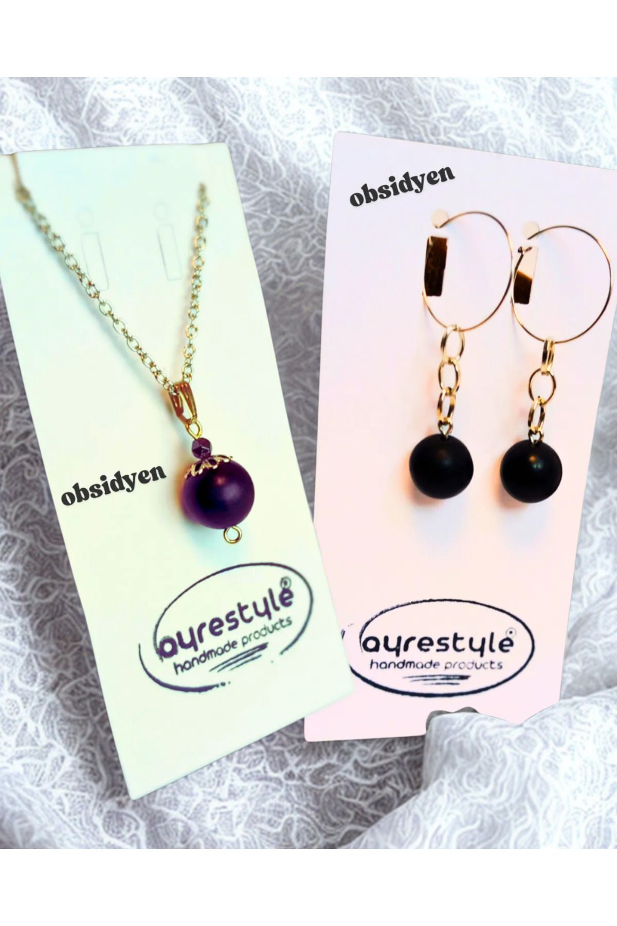 ayrestyle Doğal Mat Obsidyen Taşlı Kolye Ve Küpe Seti – Modern, Şık Ve Doğal Tasarım - Altın Sarı Renk Kolye