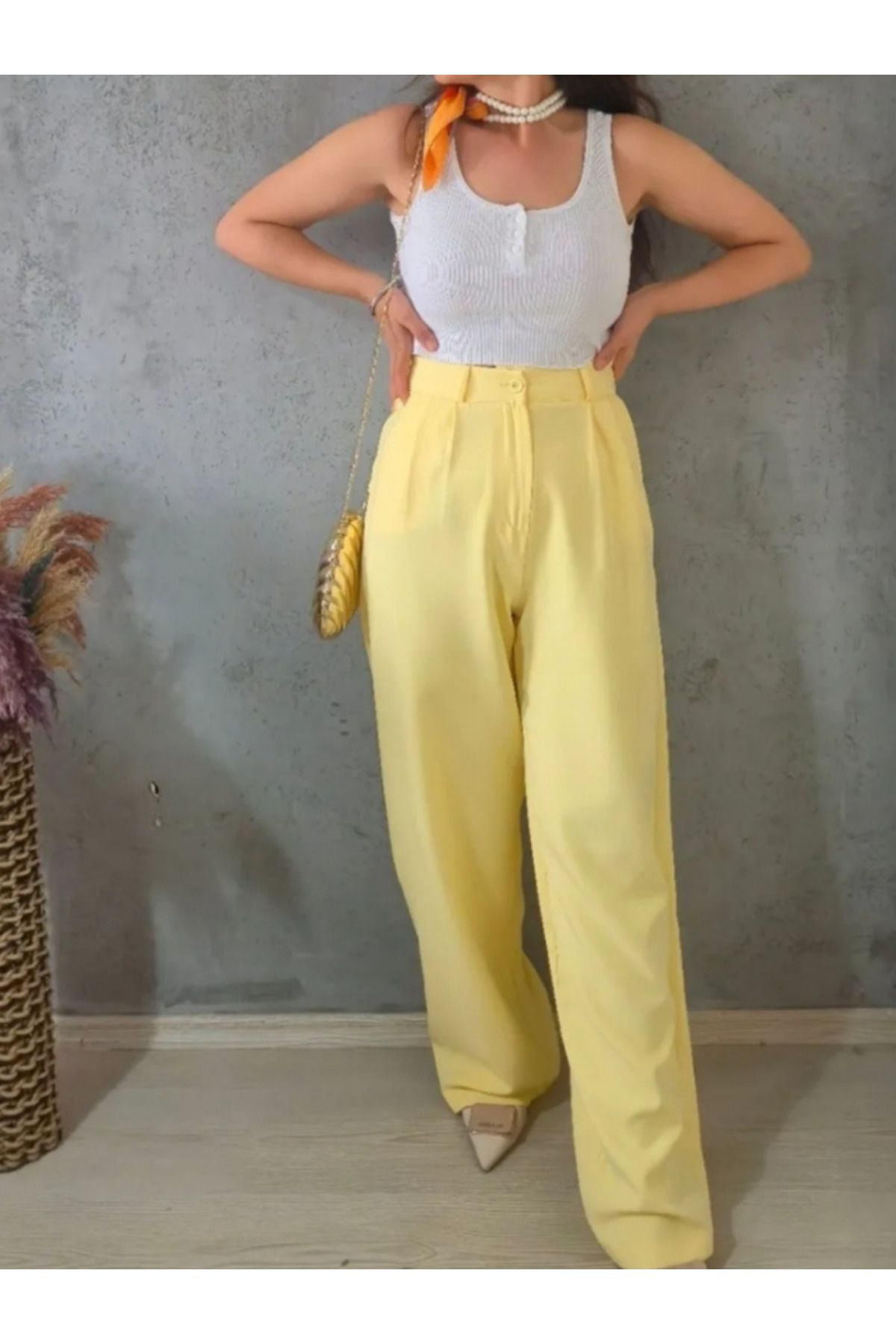 MODA Sarı palazzo pantalon Kadın Pileli