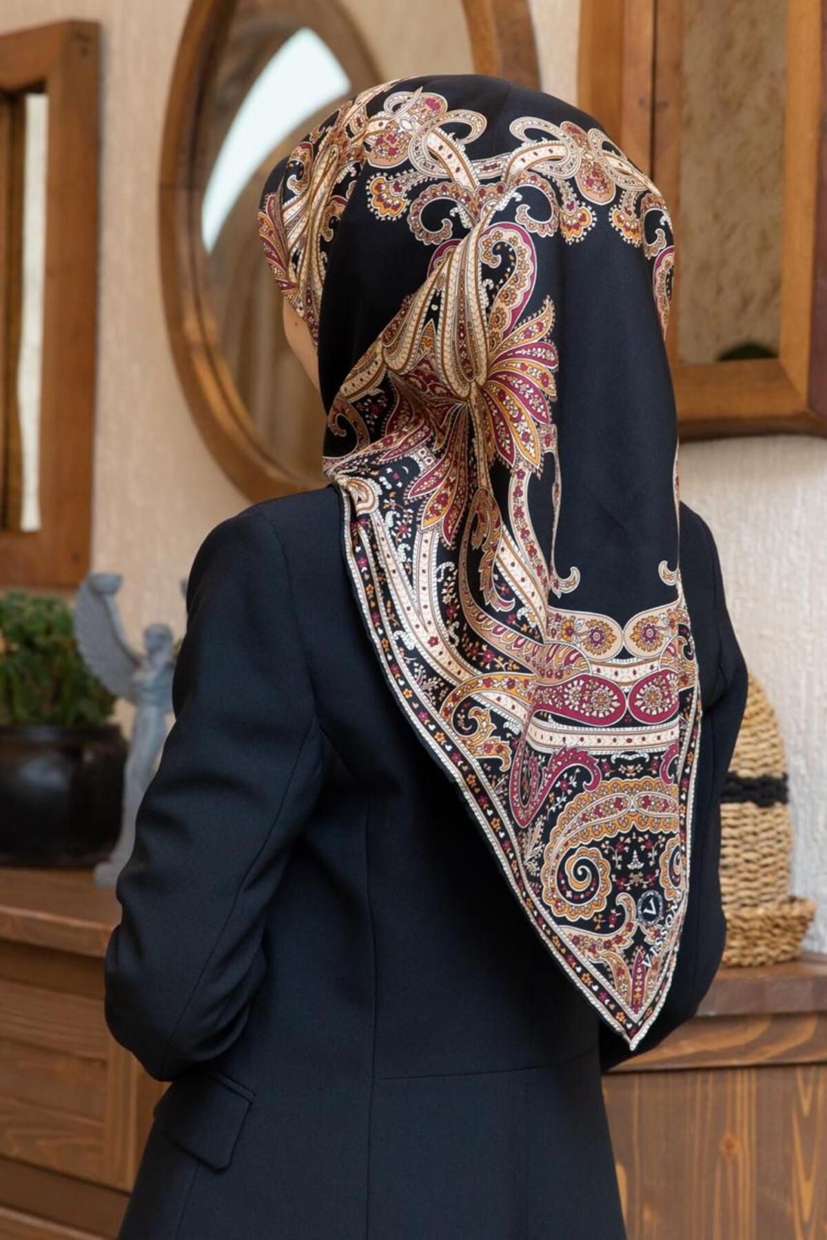 Vissona Twill İpek Eşarp Siyah, Bordo