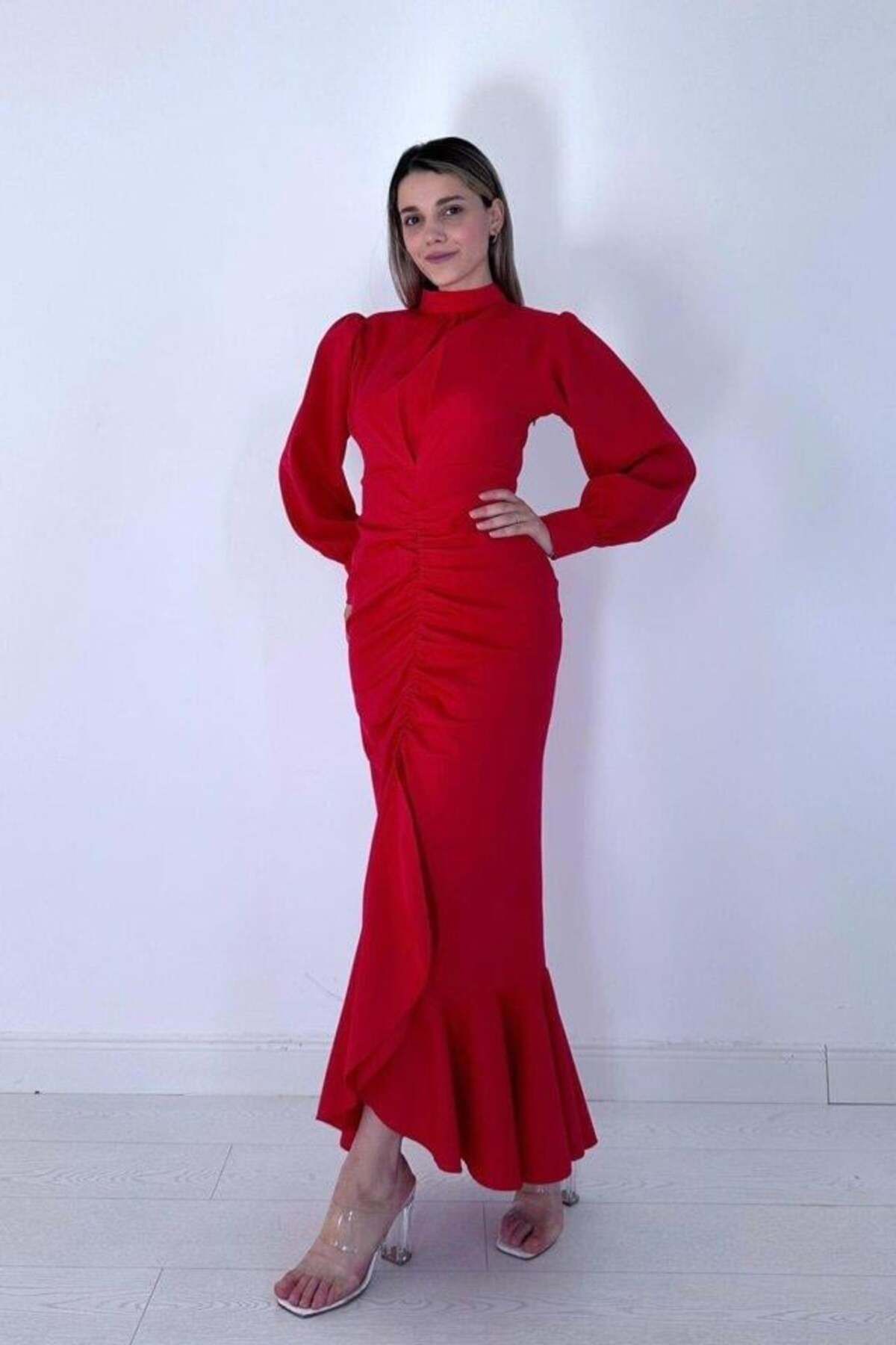 Inciqueen Kırmızı Volanlı Uzun Kol Elbise