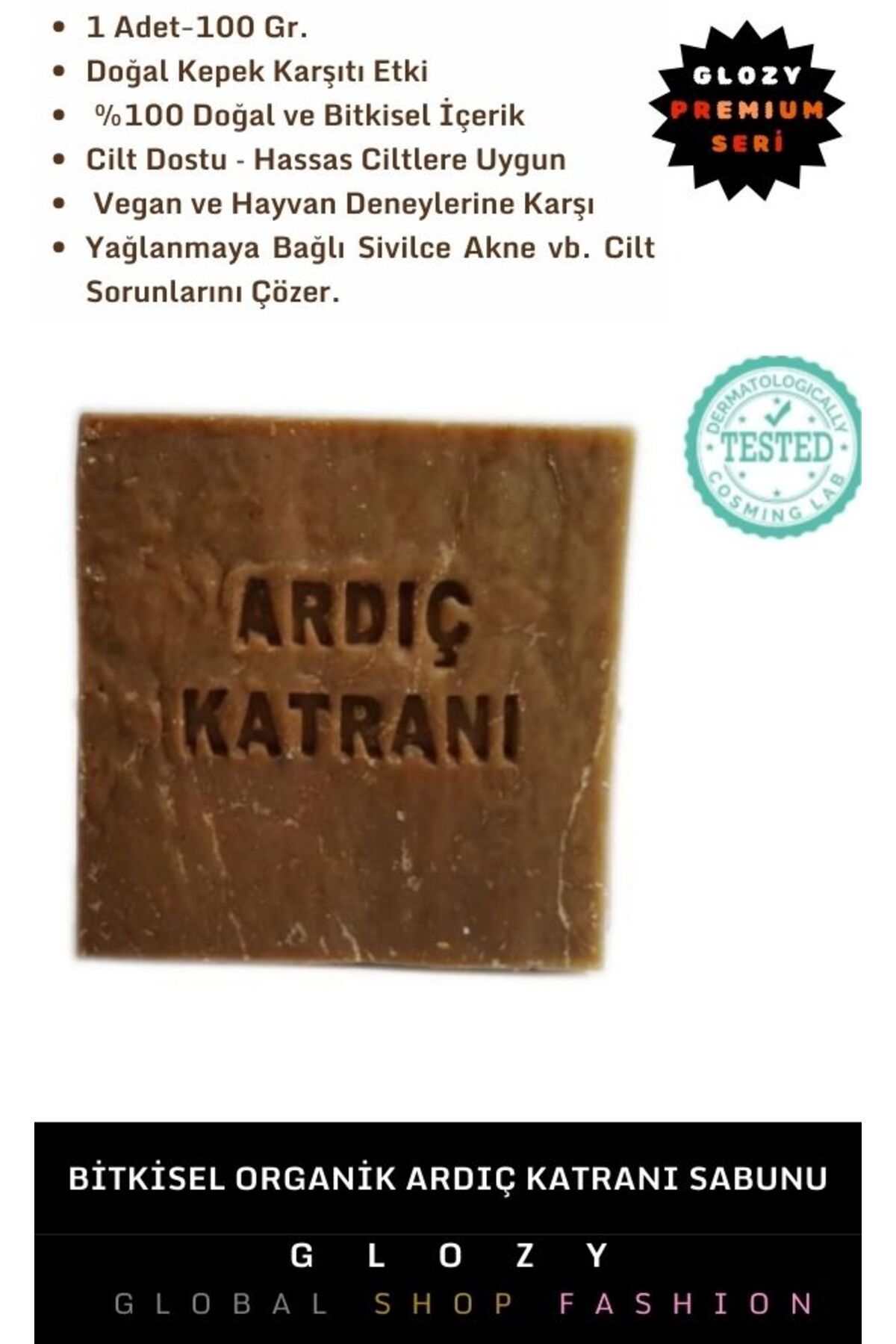 GLOZY Özel Üretim El Yüz Vücut Cilt Saç İçin Vegan Kimyasal İçermeyen %100 Bitkisel Ardıç Katranı Sabunu