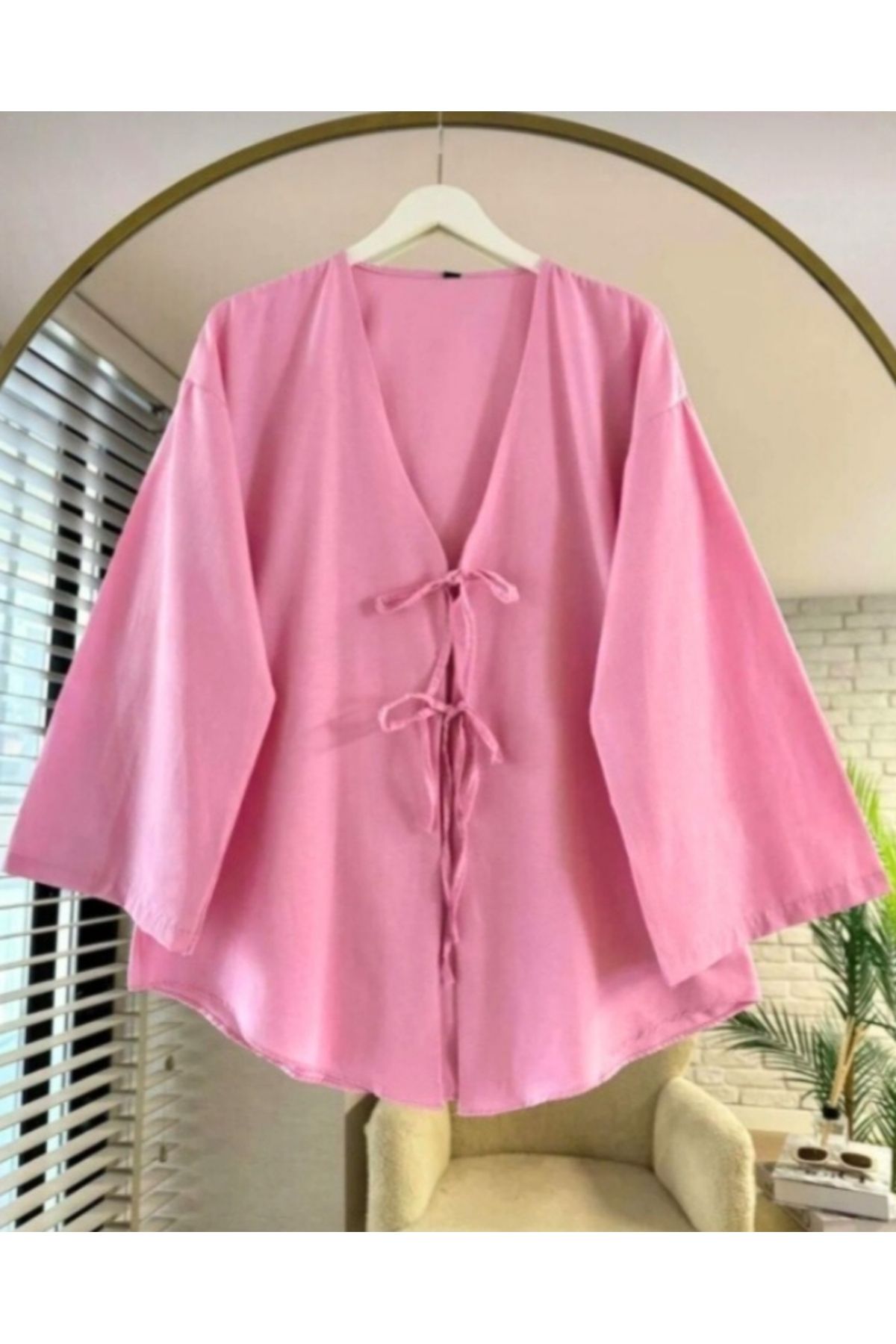 hudors Önü Bağlamalı Kimono Tunik Pembe Oversize / hudors