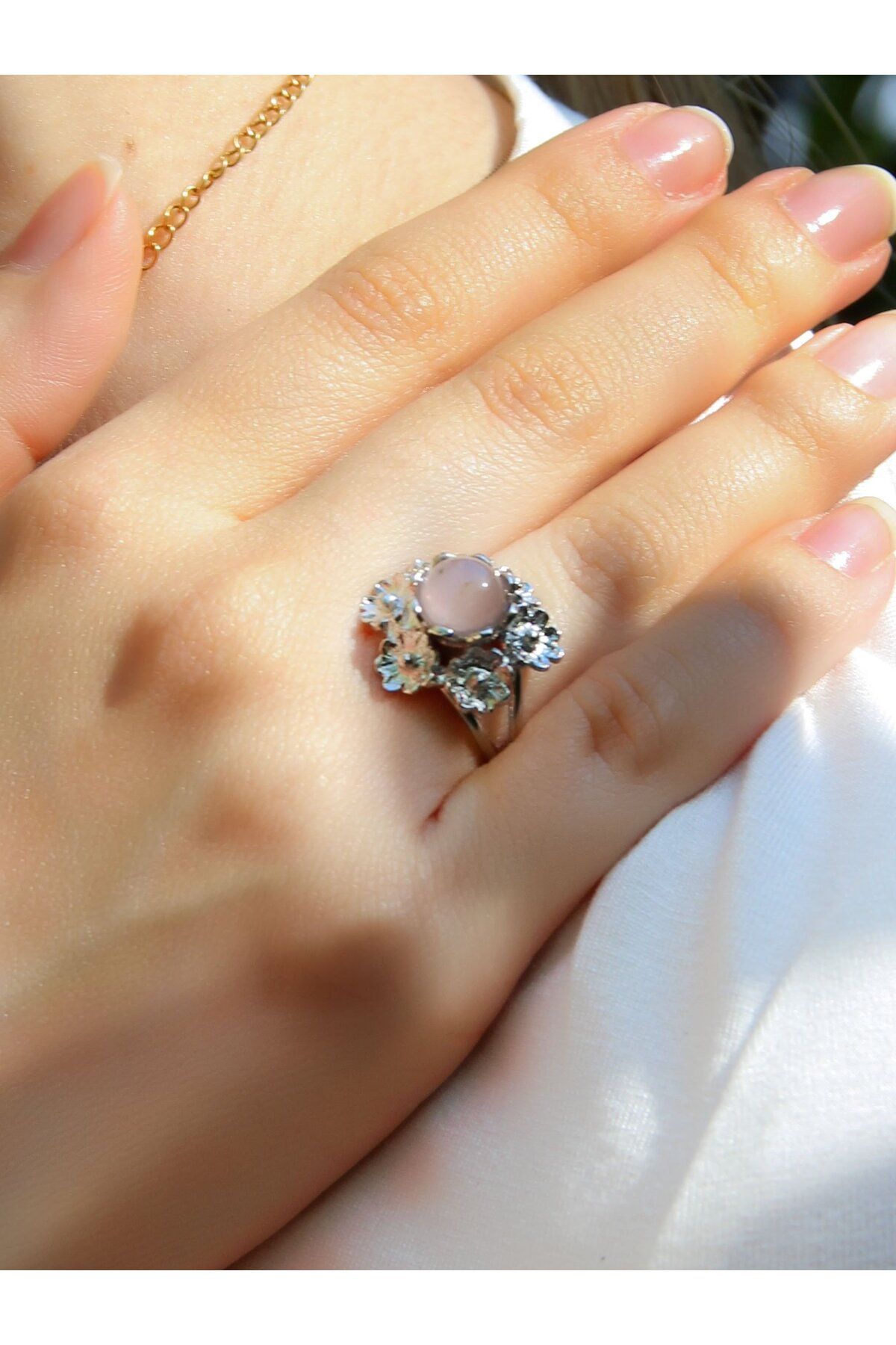 esha Doğal Taş Pembe Kuvars Doğal Taşlı Çiçek Model Telkari Kadın Ayarlanabilir Gümüş Kaplama Yüzük euy6