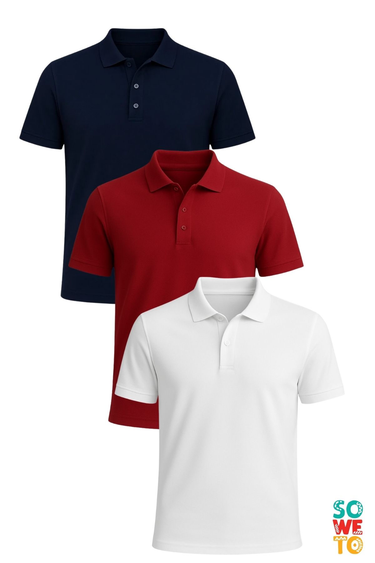 Soweto Erkek Düğmeli Kısa Kol Regular Fit %100 Pamuklu Polo Yaka 3'lü Basic T-Shirt