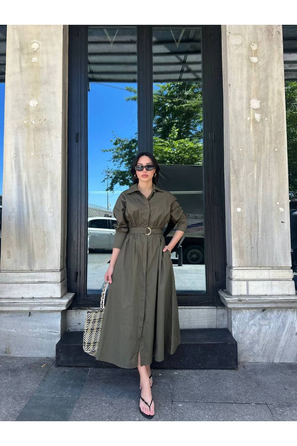 Hotfashion Uzun Kollu Kemerli Gömlek Elbise