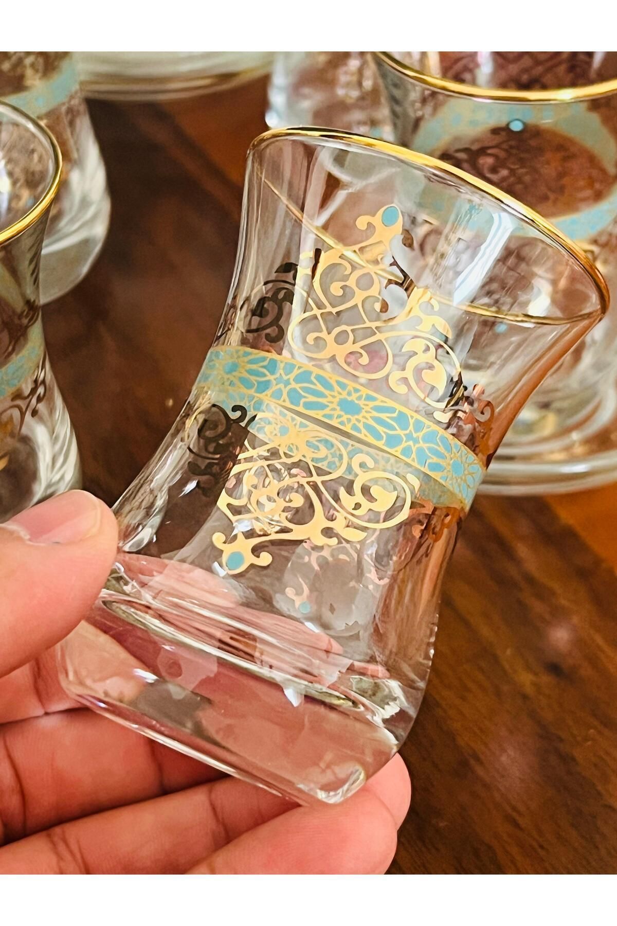 SAMSA Orijinal Altın desenli yeşil model tasarım 6 kişilik Çay seti