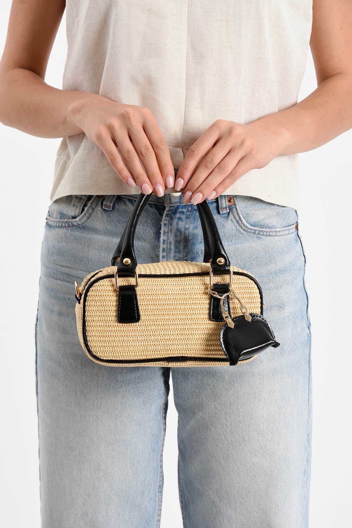 Assia Atelier Charm Hediyeli Kadın Hasır Çapraz ve El Çantası Deri Saplı Yazlık Omuz Çanta Mini Model