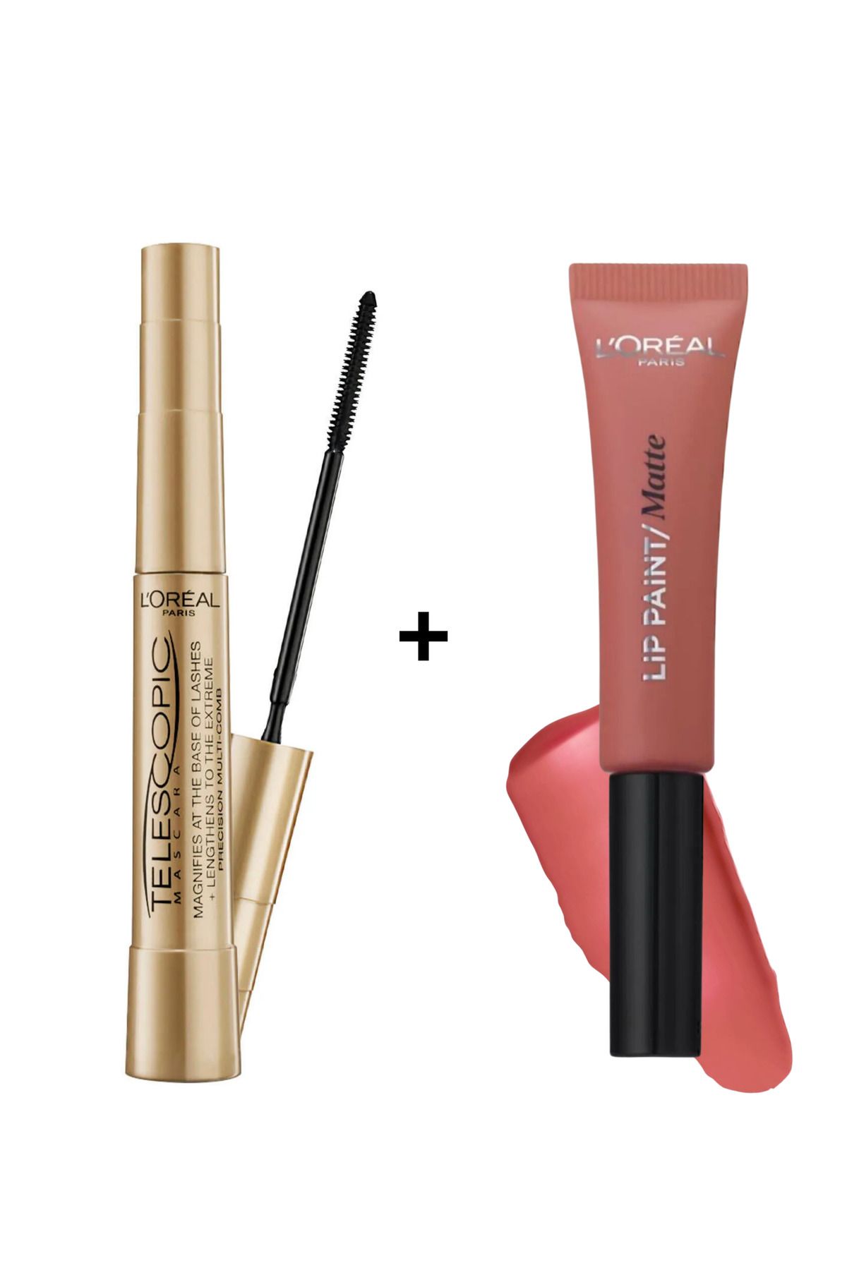 L'Oreal Paris Telescopic Gold Maskara Siyah + Likit Mat Ruj - Infaillible Lip Paint Matte 201