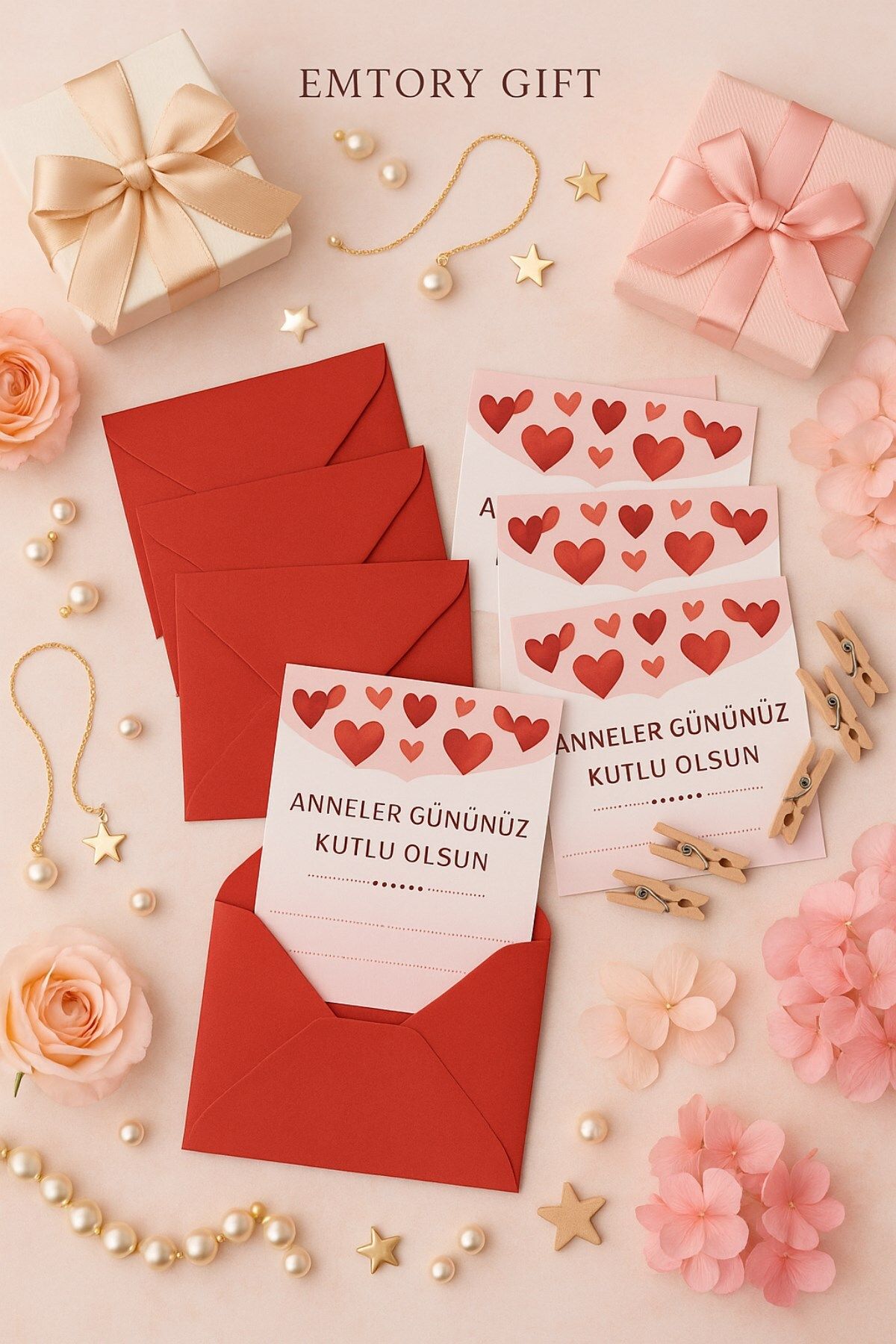 Emtory Home 15 Adet Kırmızı Zarf Ve Mandallı Anneler Günü Kartı - Anneler Günü Hediyesi - Paketleme Not Kartı