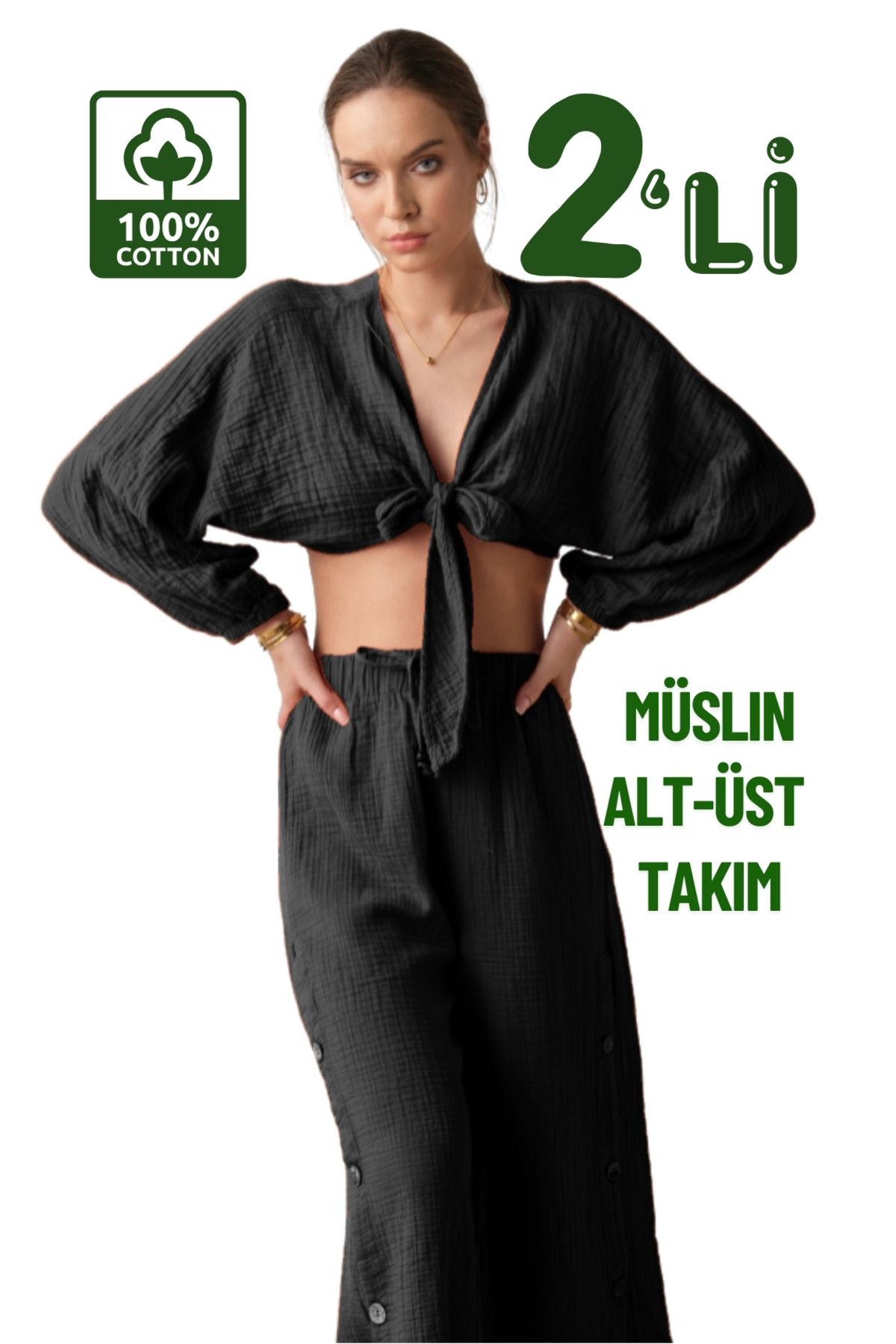 clavia Müslin Pantolon, Crop Büstiyer Alt-üst Yazlık İkili Takım, Rahat Kalıp Bol Paça Yüksel Bel Pantolon